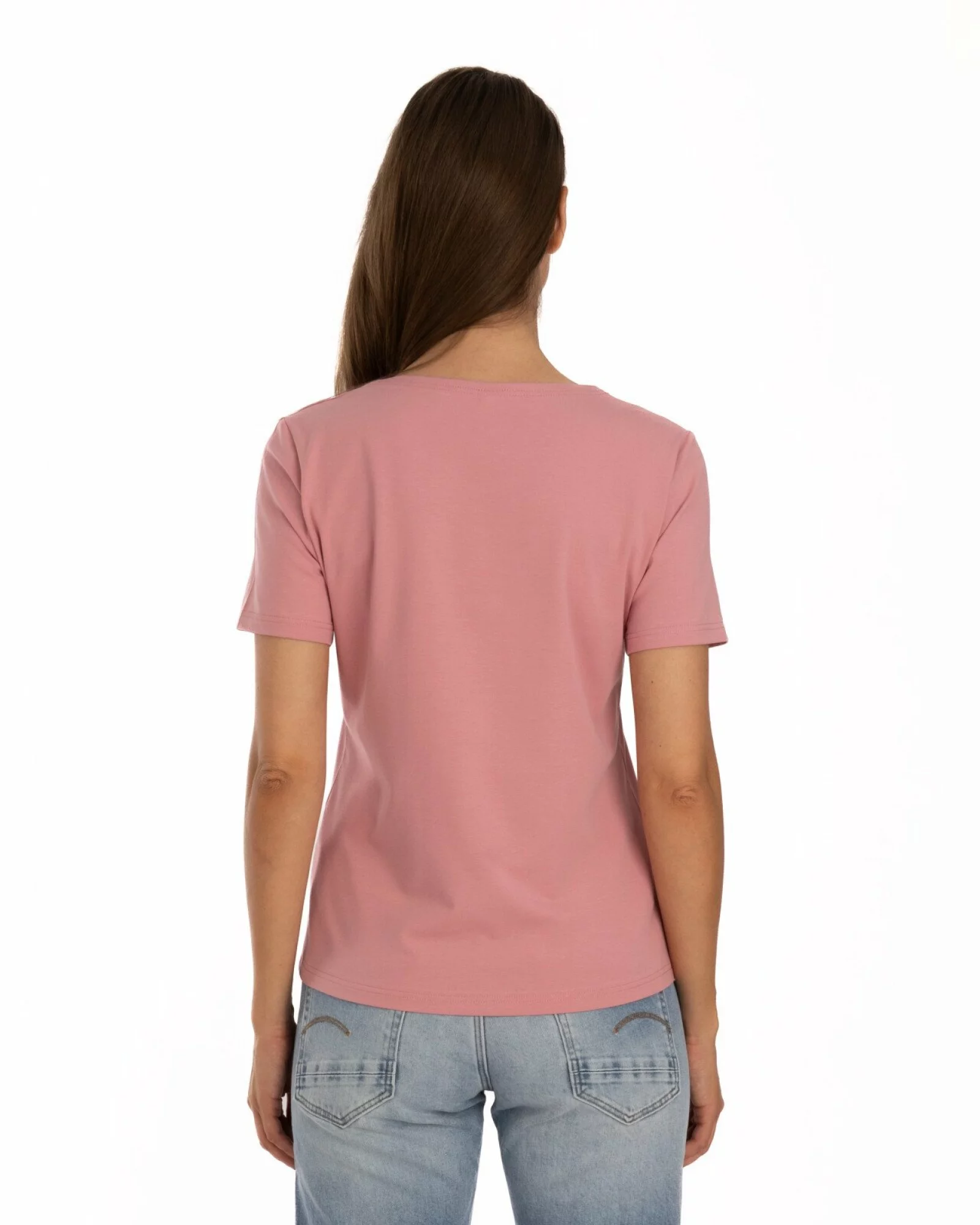 Tricou roz pudrat din bumbac elastan cu decolteu conturat