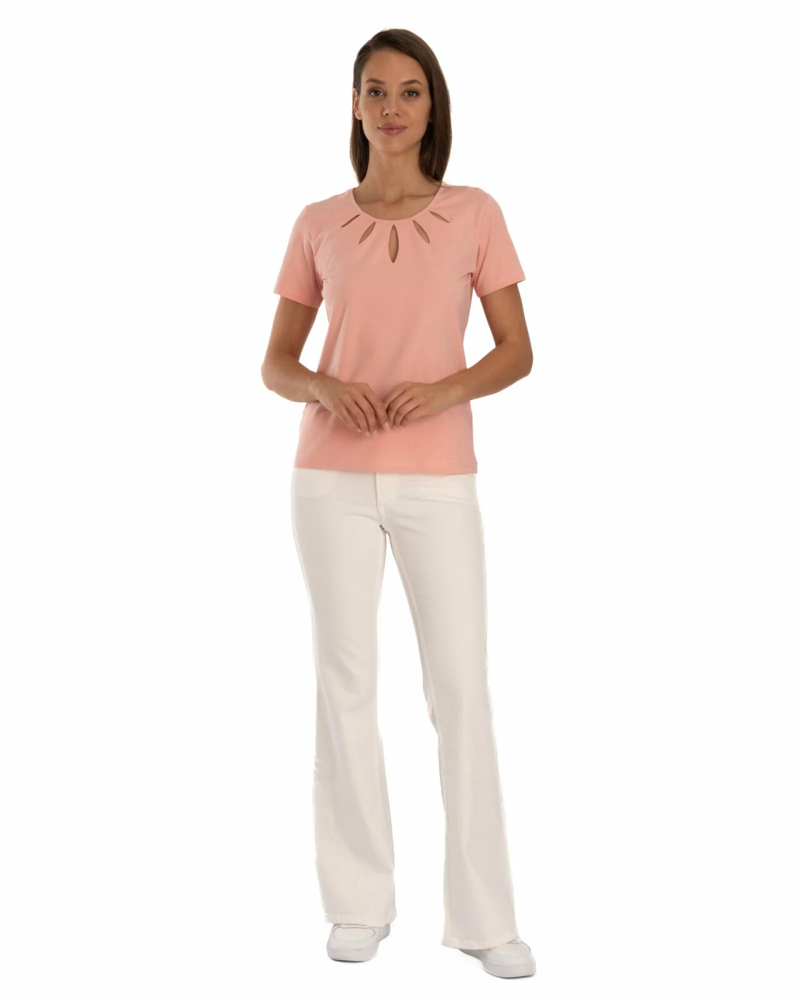 Tricou coral bumbac elastan cu decupaj la decolteu