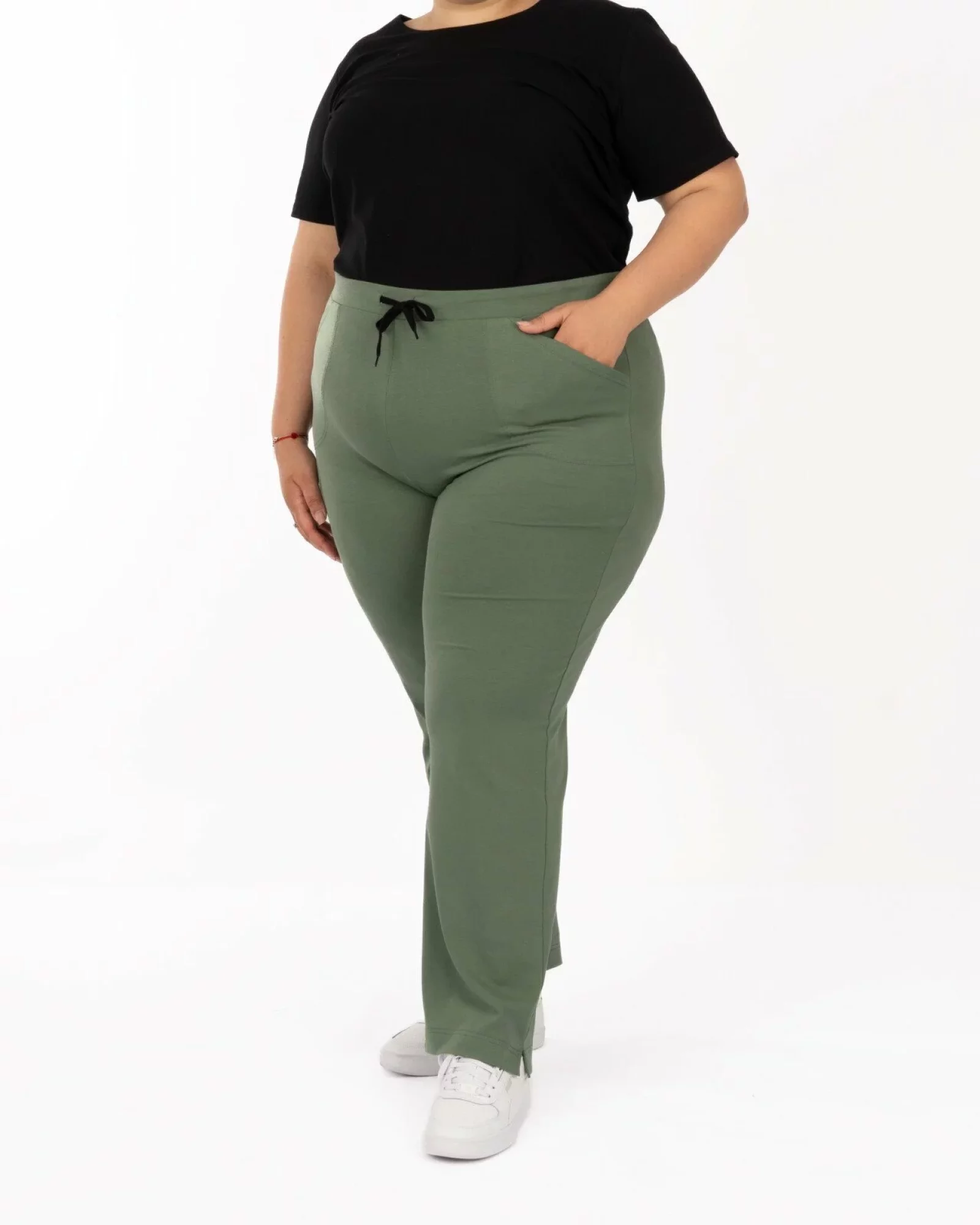 Pantaloni oliv 7/8 mărimi mari vară șliț lateral