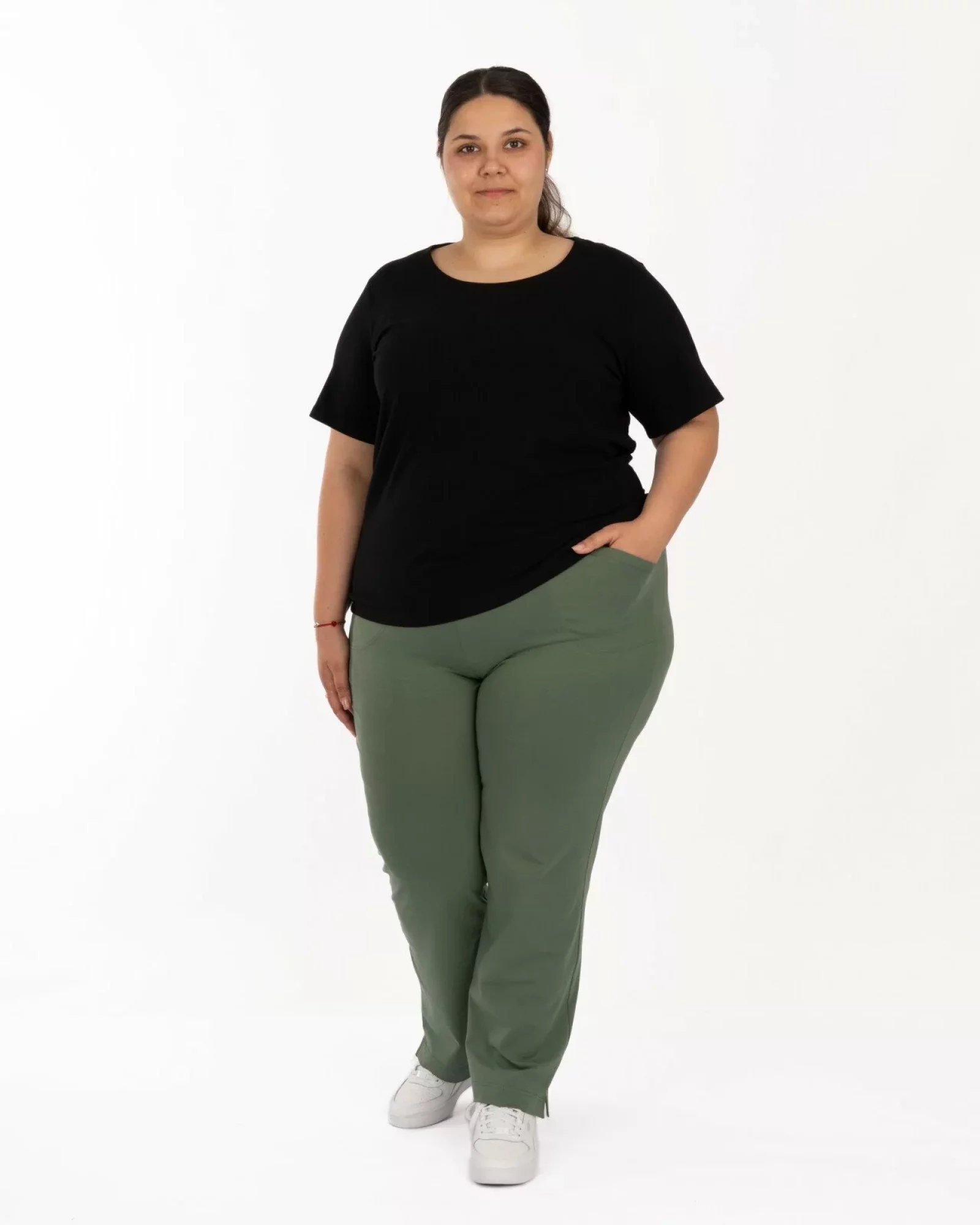 Pantaloni oliv 7/8 mărimi mari vară șliț lateral