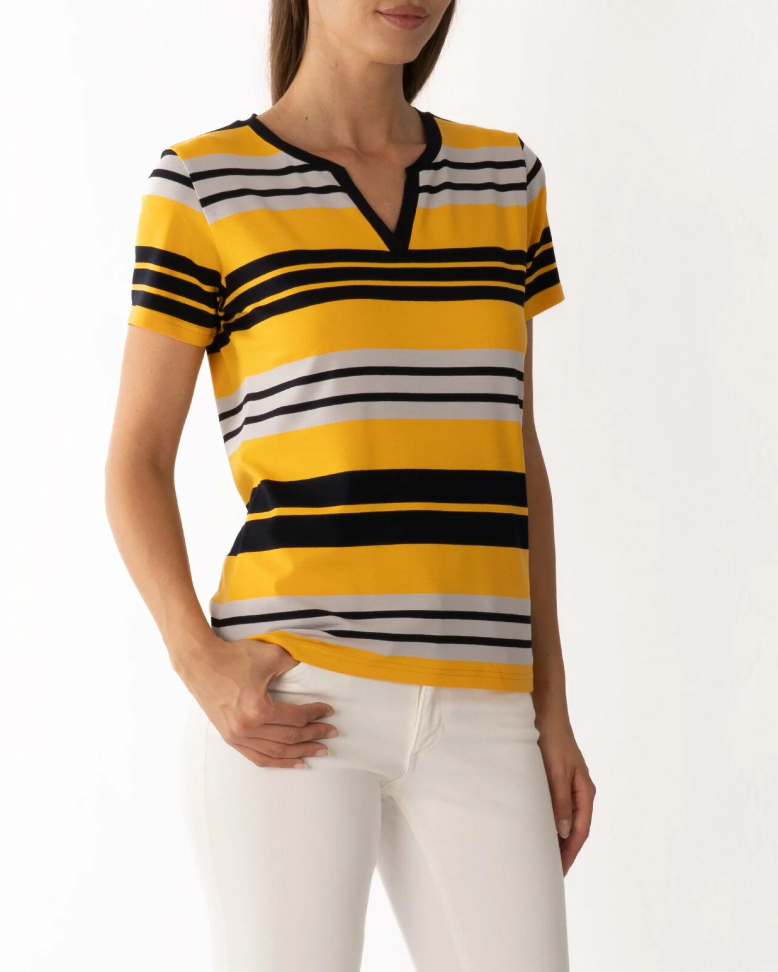 Tricou galben vâscoză elastan în dungi cu decolteu V