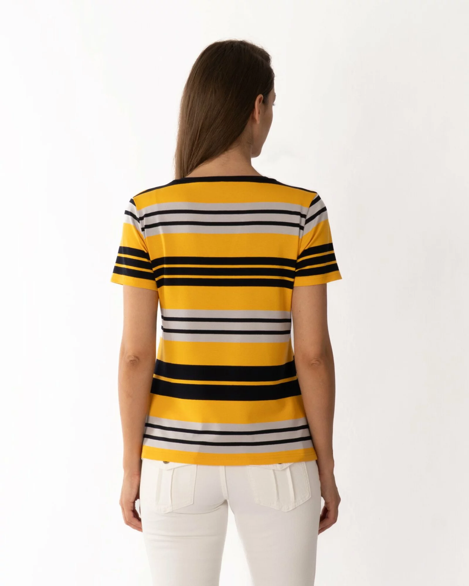 Tricou galben vâscoză elastan în dungi cu decolteu V