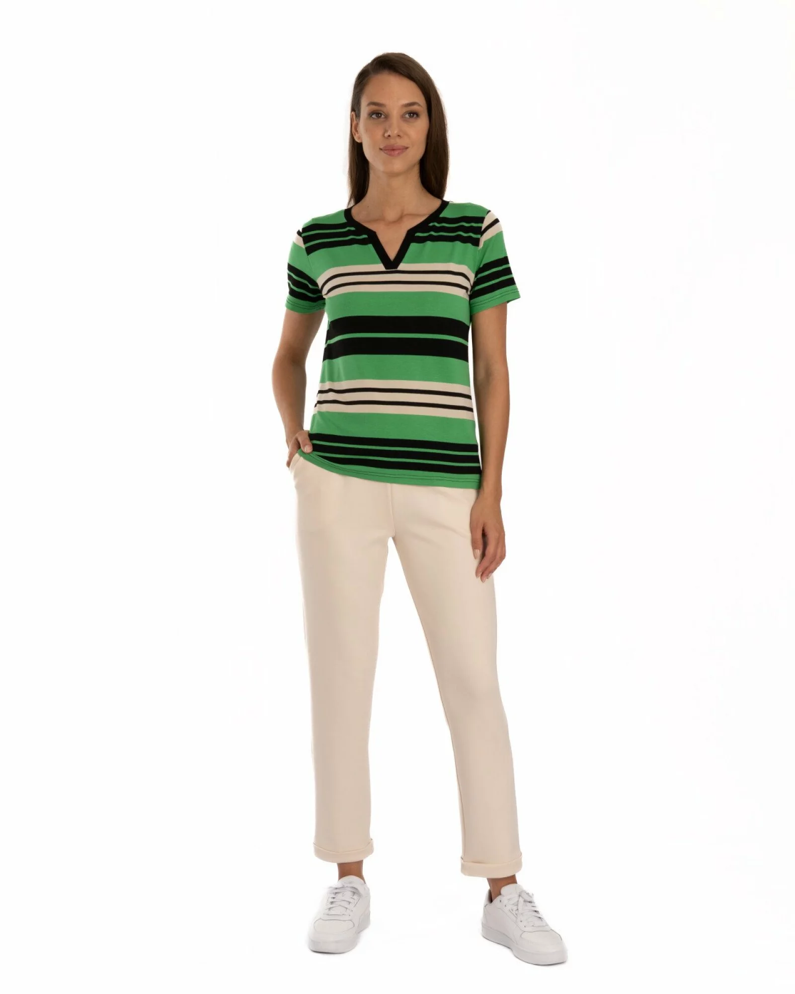 Tricou vâscoză elastan dungi cu decolteu V