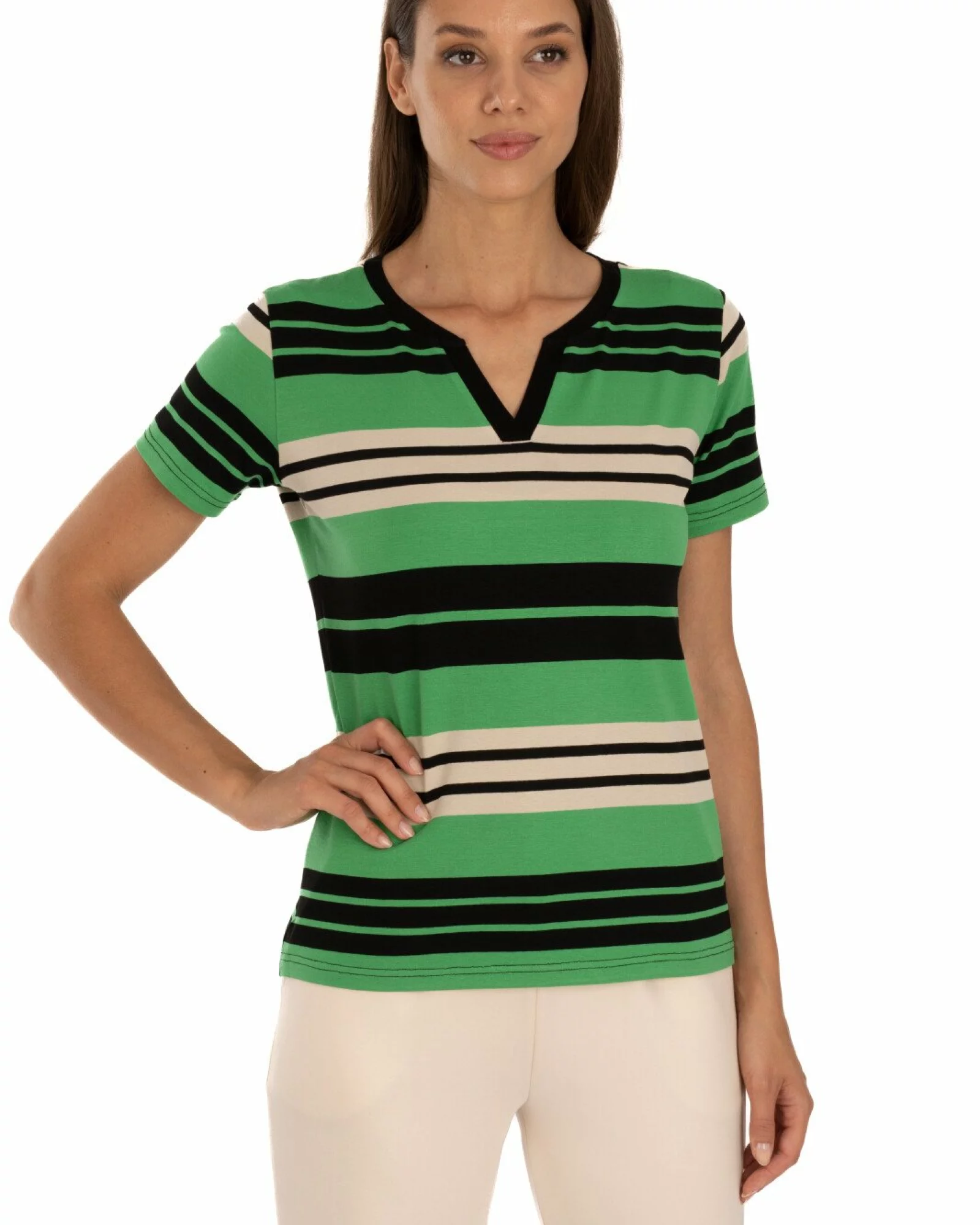 Tricou vâscoză elastan dungi cu decolteu V