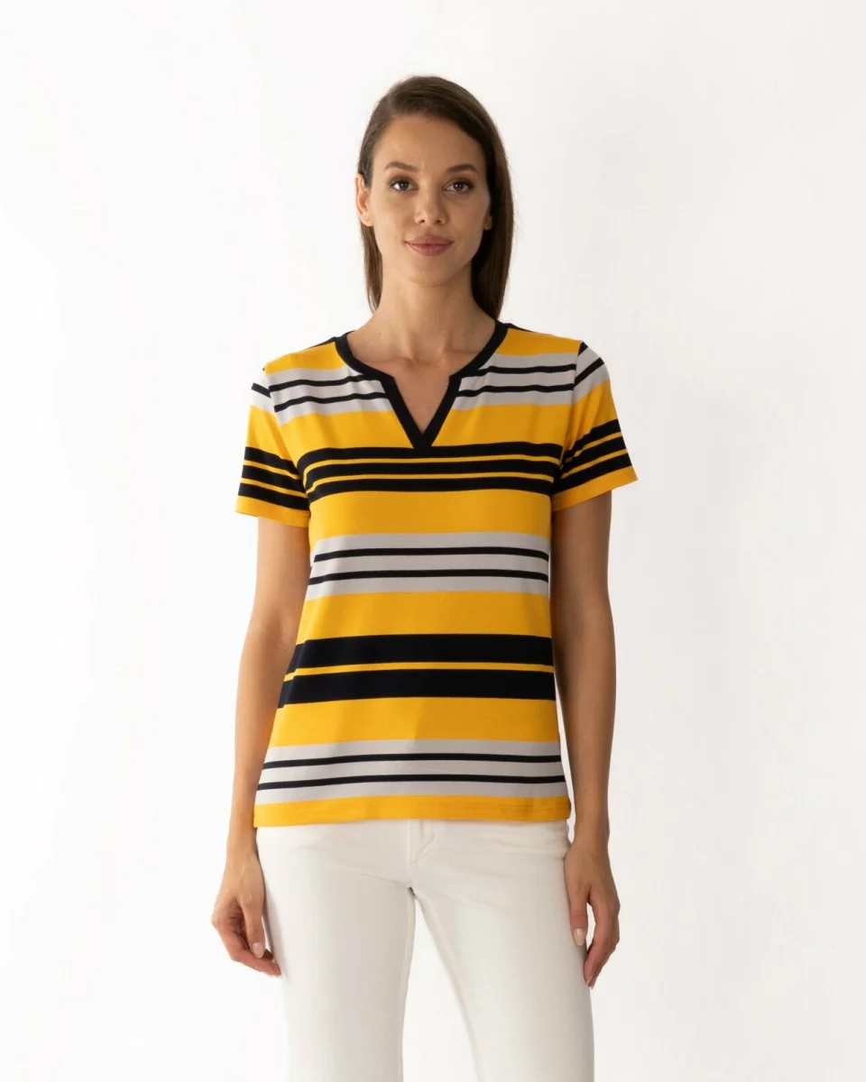 Tricou galben vâscoză elastan în dungi cu decolteu V
