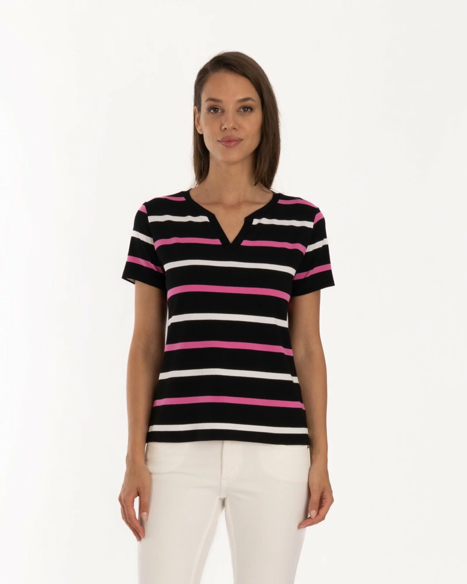 Tricou negru vâscoză elastan dungi cu decolteu V