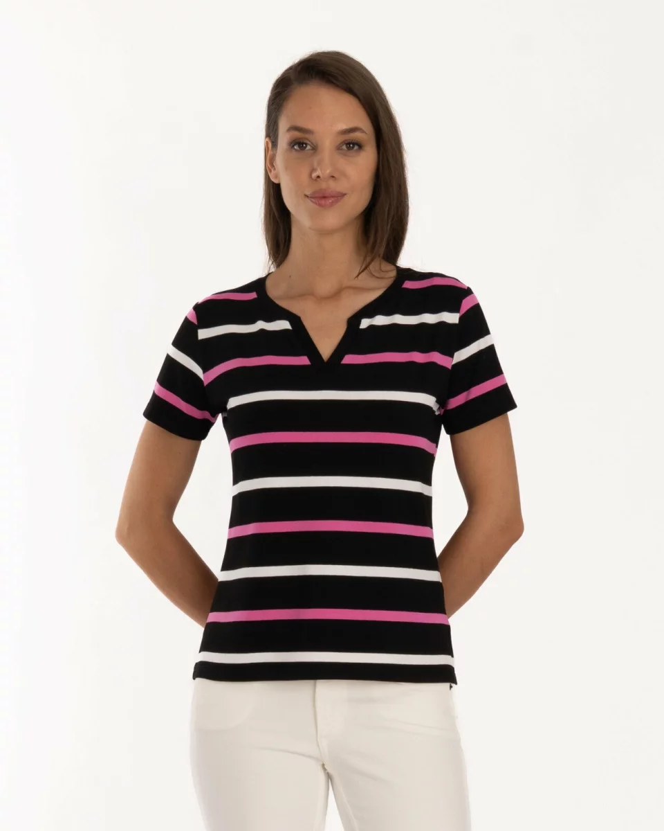 Tricou negru vâscoză elastan dungi cu decolteu V