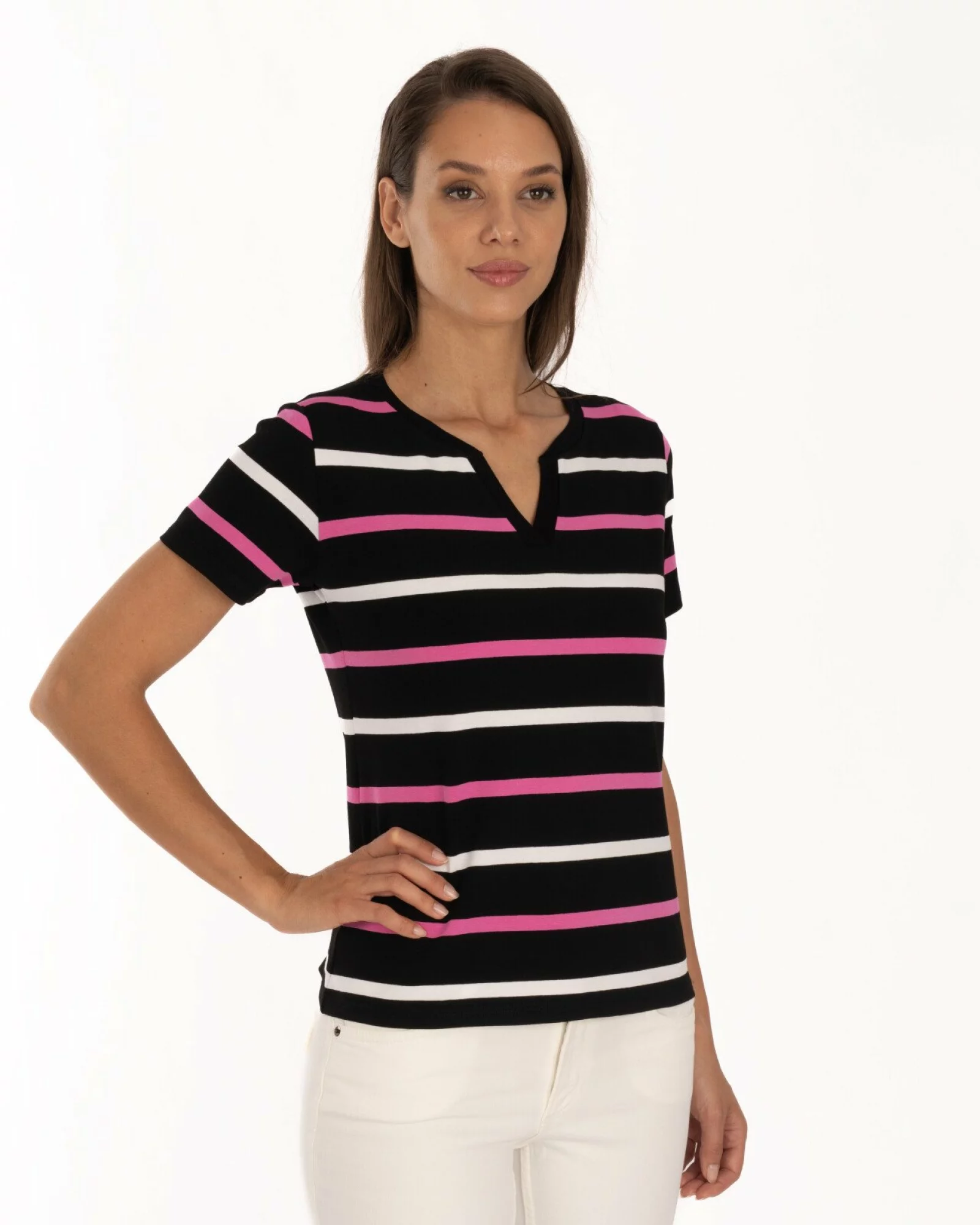 Tricou negru vâscoză elastan dungi cu decolteu V