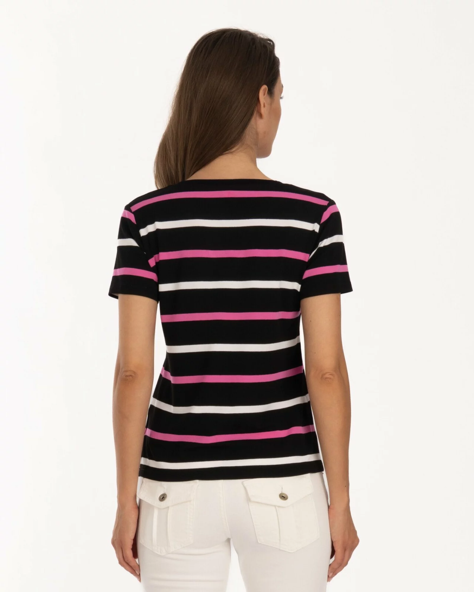 Tricou negru vâscoză elastan dungi cu decolteu V