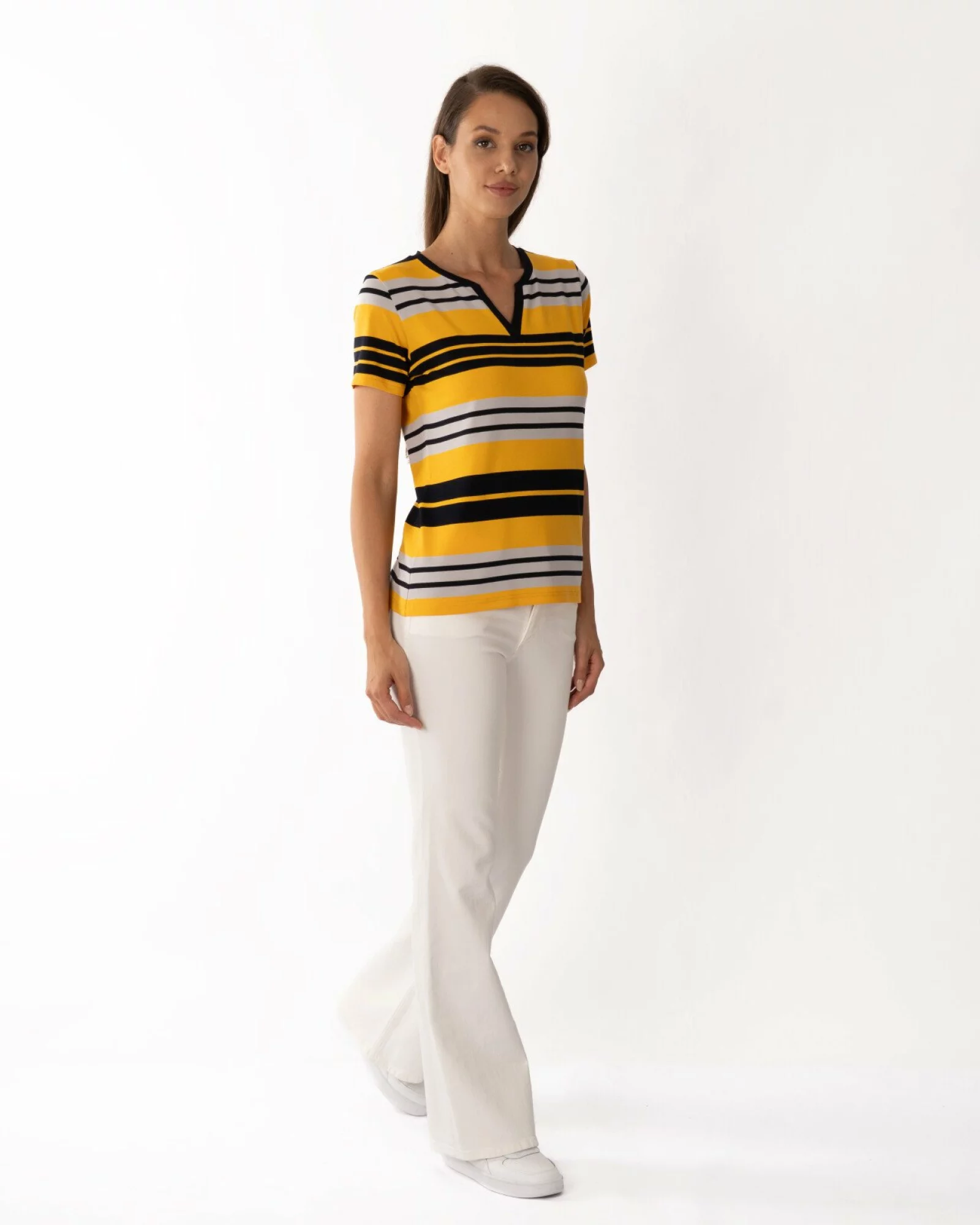 Tricou galben vâscoză elastan în dungi cu decolteu V