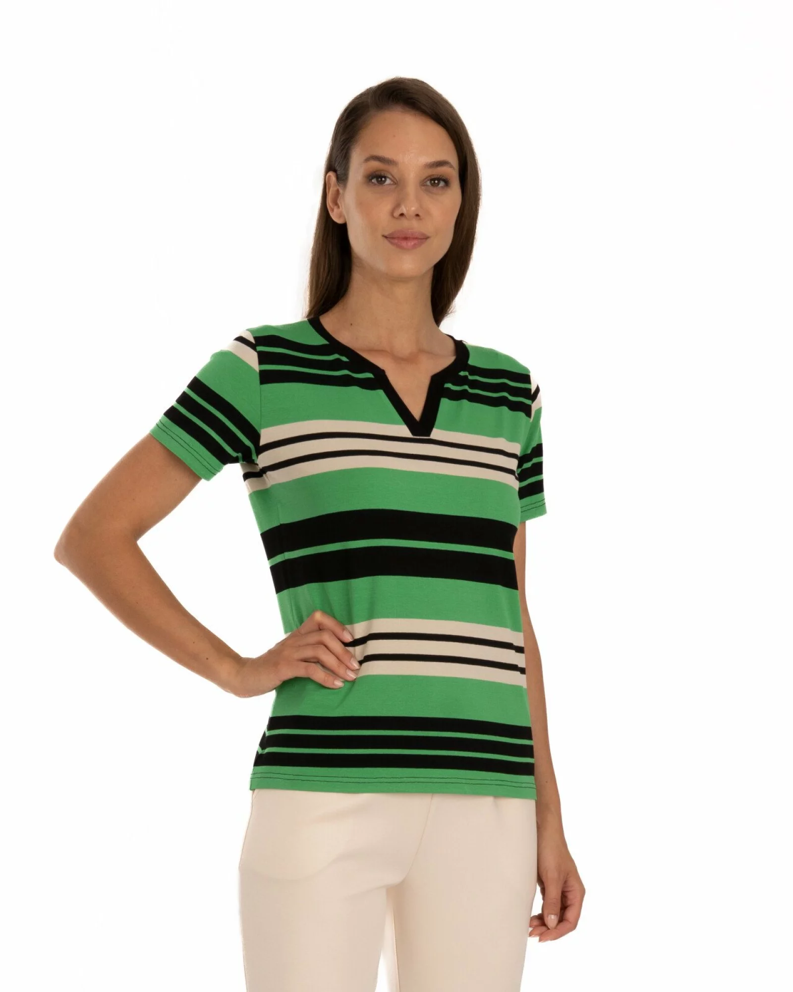 Tricou vâscoză elastan dungi cu decolteu V