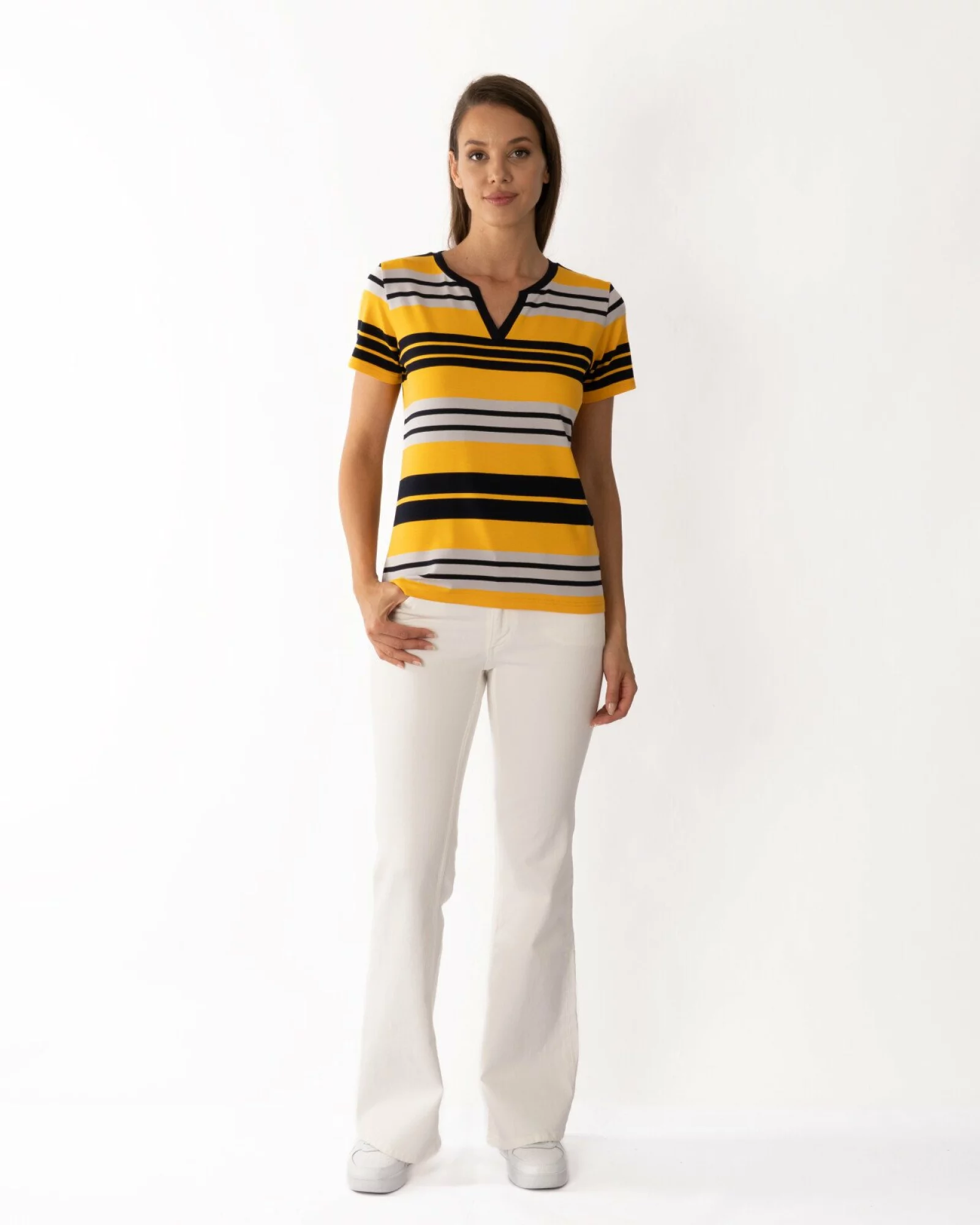 Tricou galben vâscoză elastan în dungi cu decolteu V