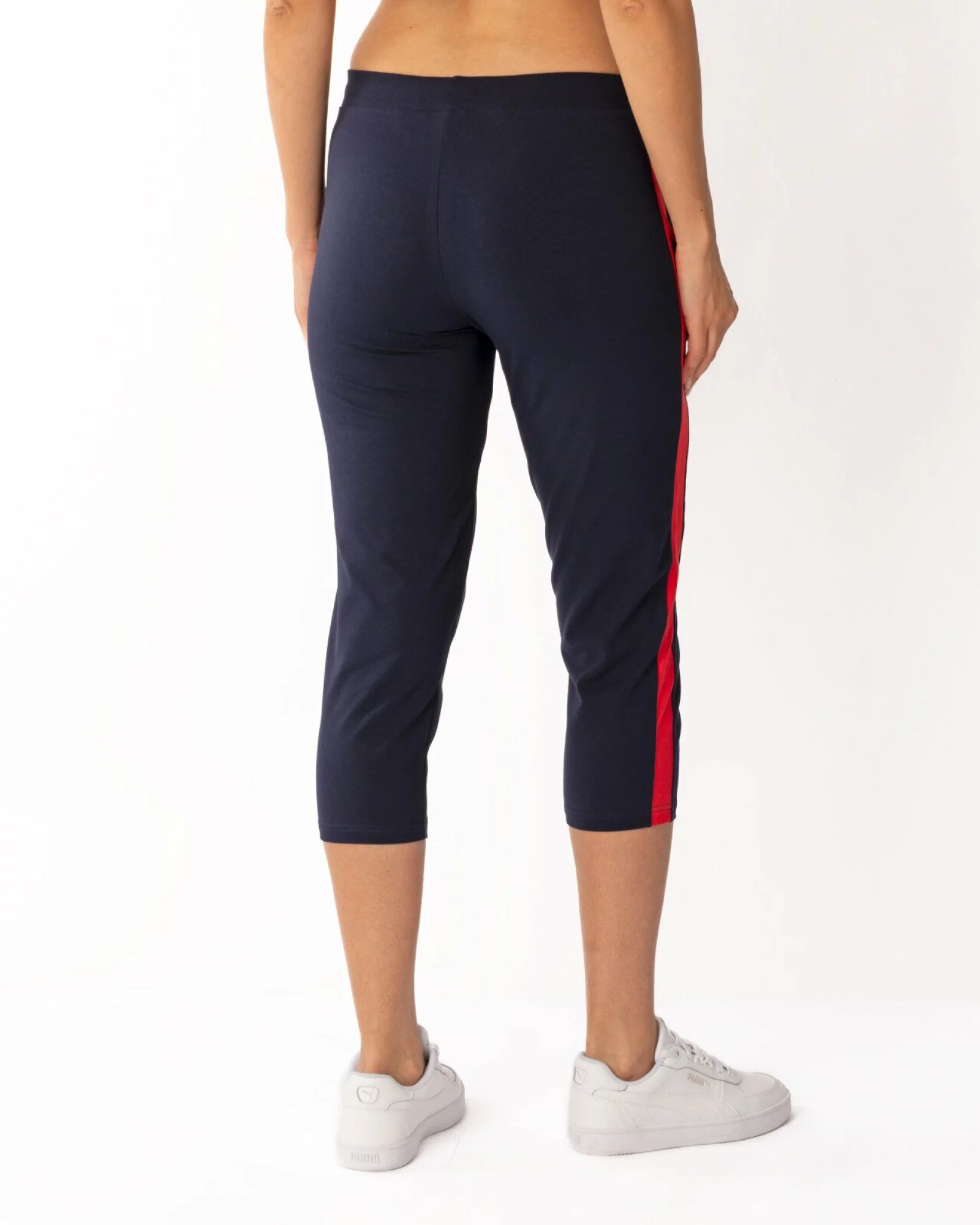 Pantaloni bleumarin 3/4 inserție laterală roșie