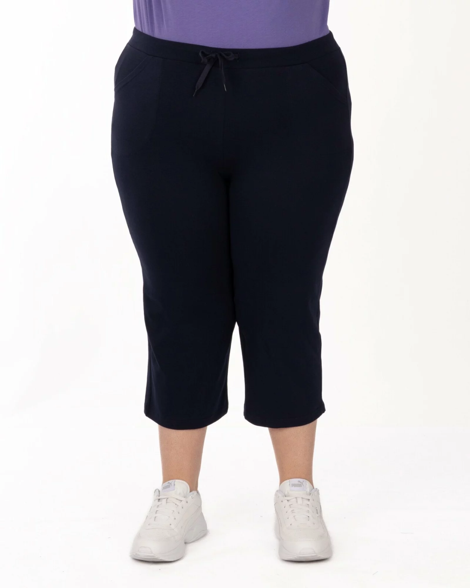 Pantaloni bleumarin 3/4 mărimi mari cu buzunare aplicate