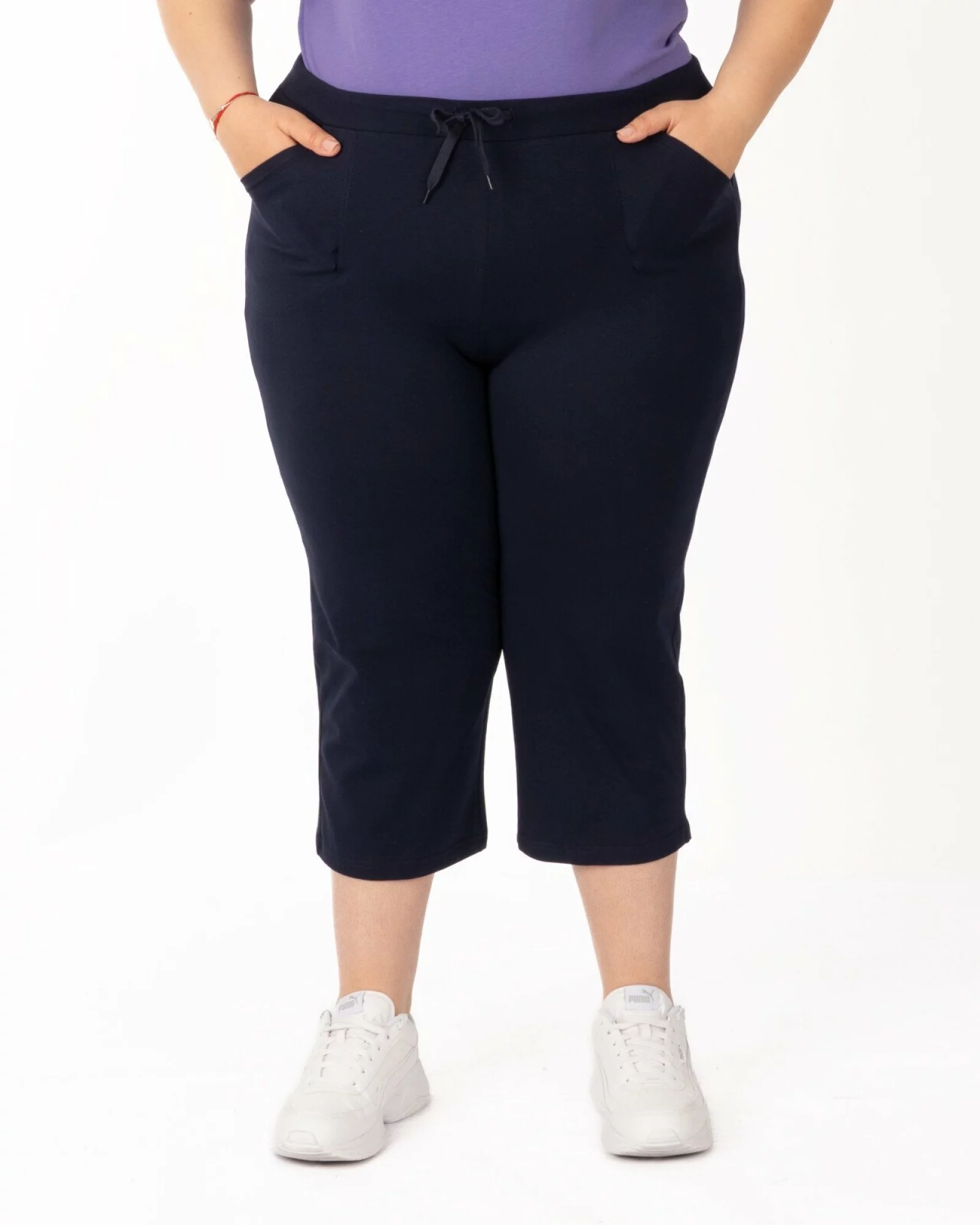Pantaloni bleumarin 3/4 mărimi mari cu buzunare aplicate