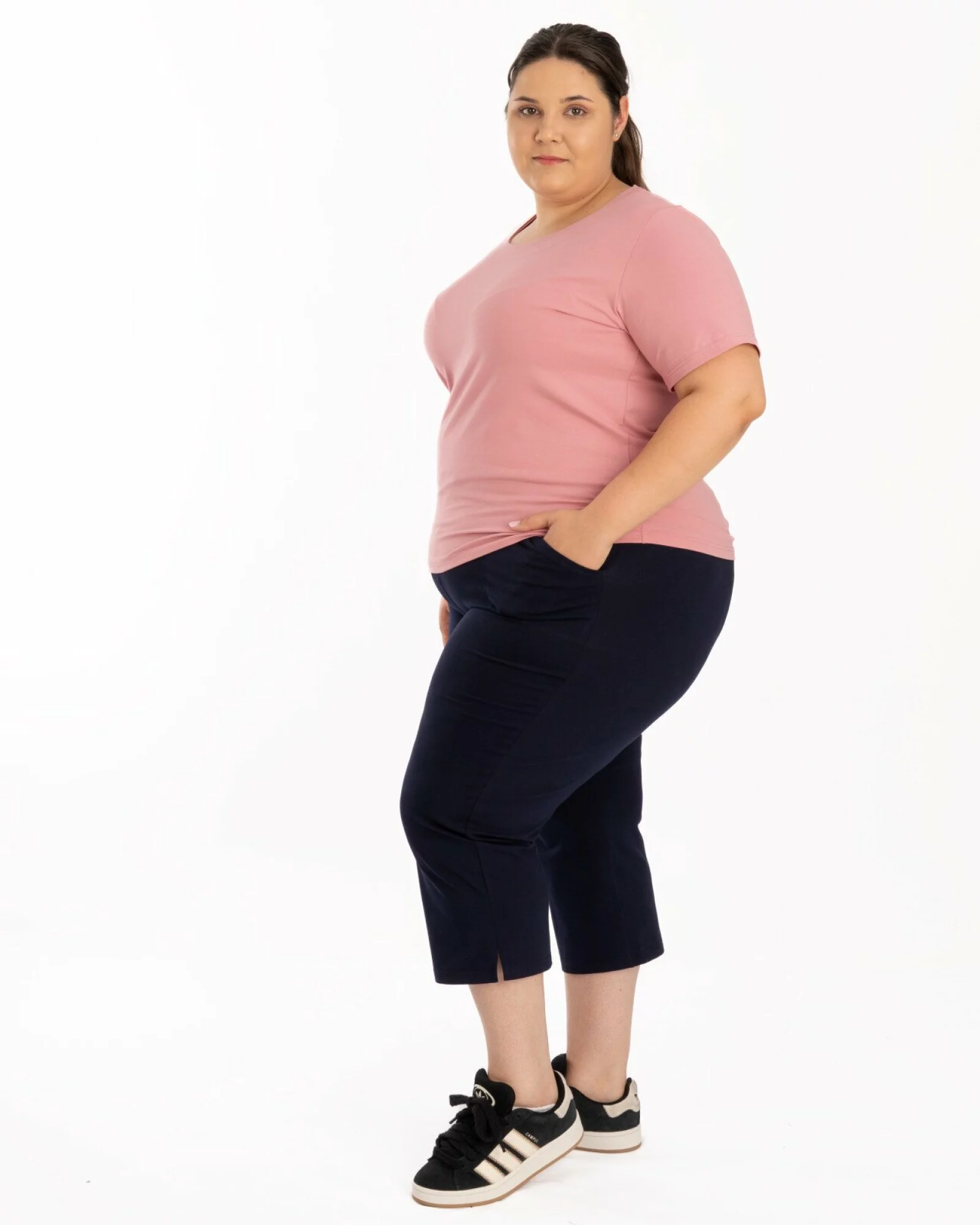 Pantaloni bleumarin 3/4 mărimi mari șliț lateral