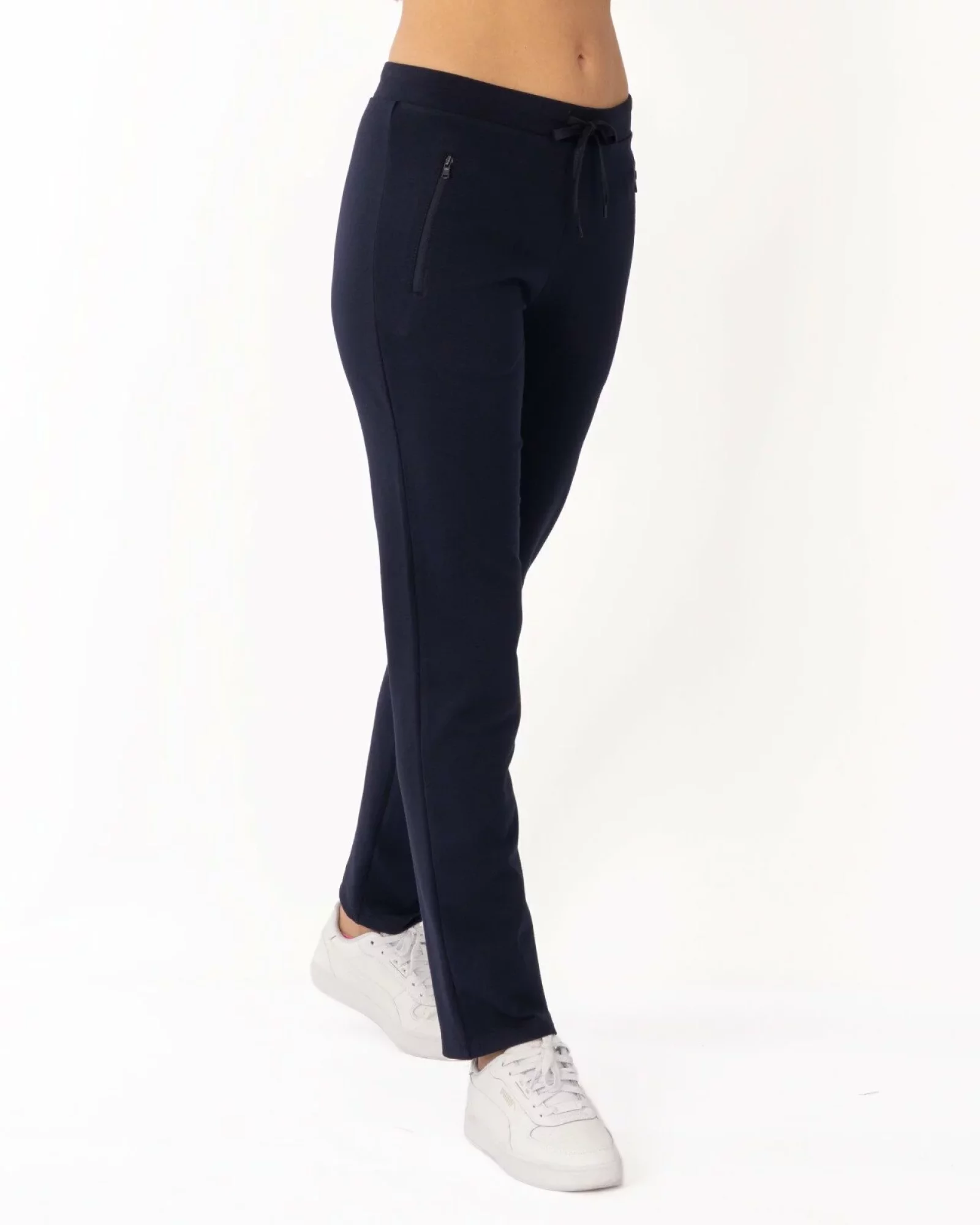 Pantaloni de trening bleumarin conici, interior buclat, cu buzunare cu fermoar