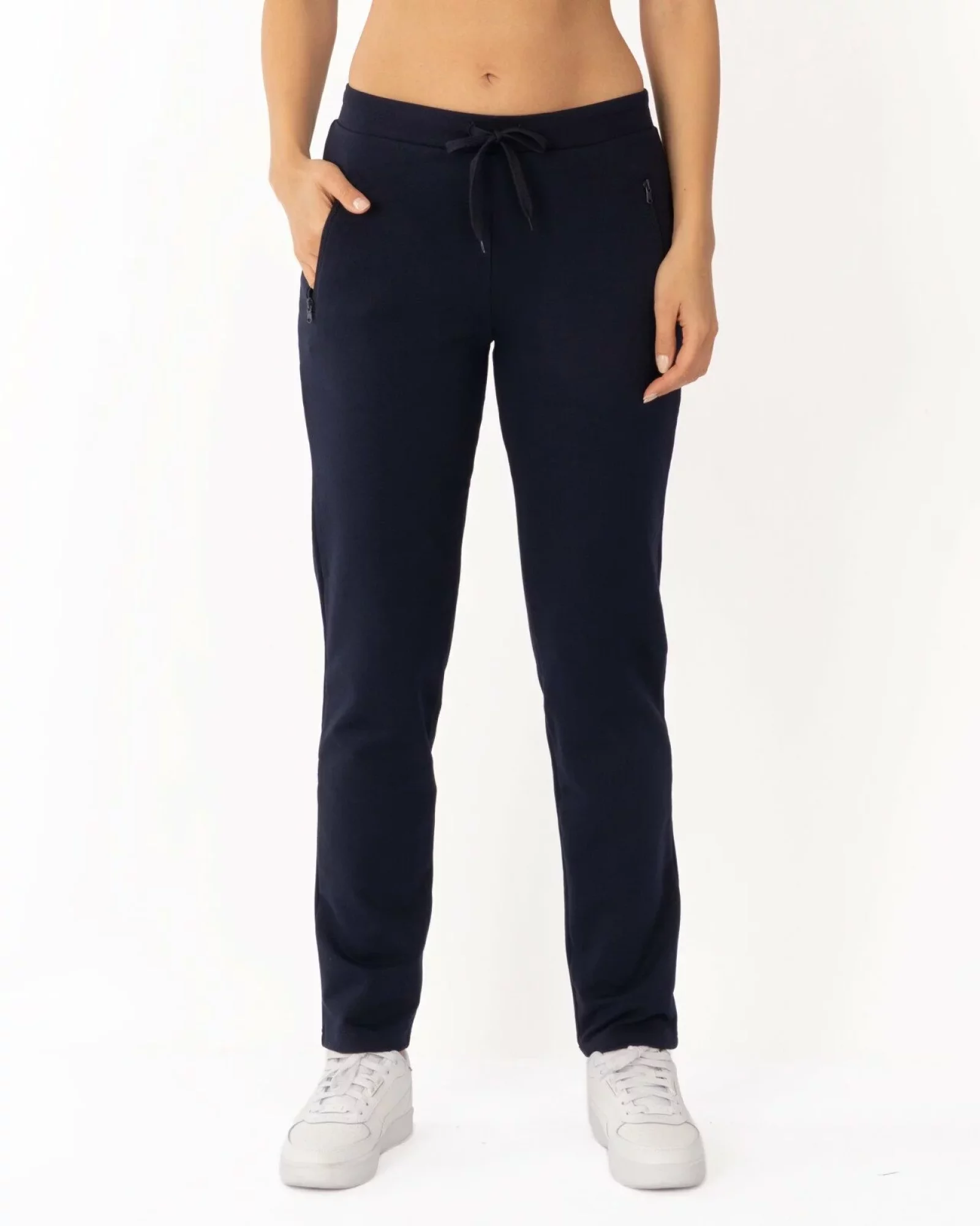 Pantaloni de trening bleumarin conici, interior buclat, cu buzunare cu fermoar
