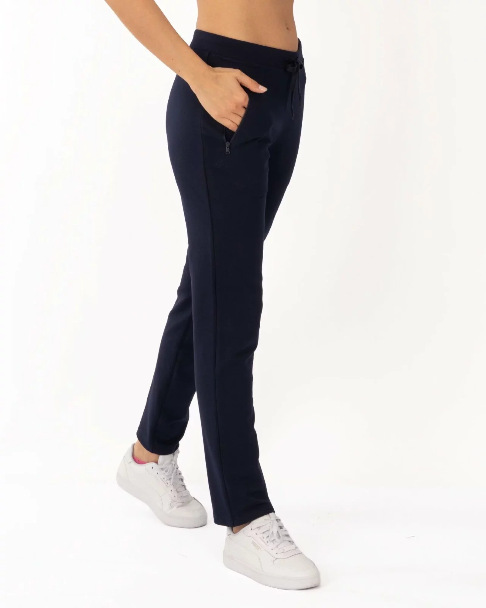 Pantaloni de trening bleumarin conici, interior buclat, cu buzunare cu fermoar