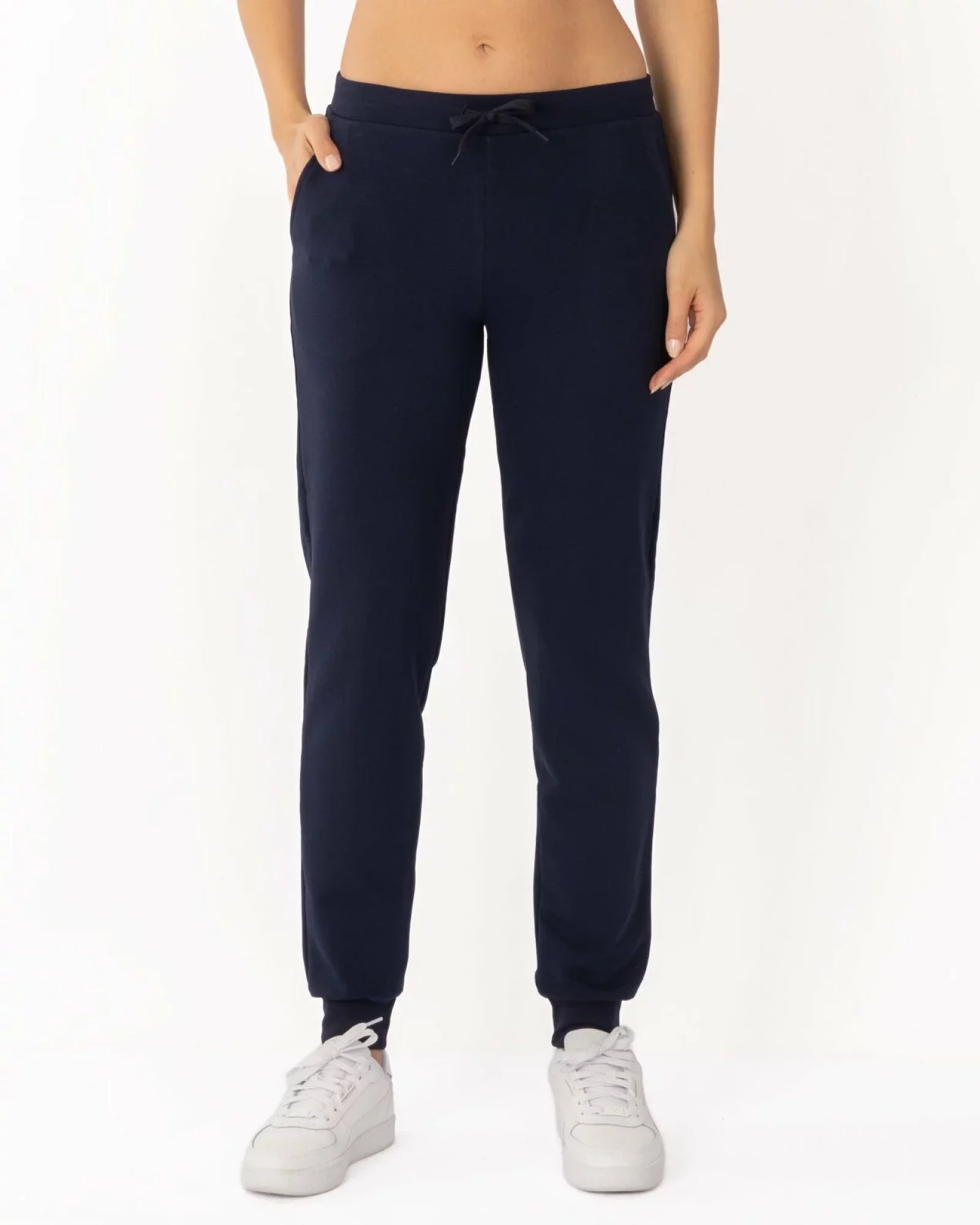 Pantaloni de trening bleumarin conici, cu manșetă, interior buclat