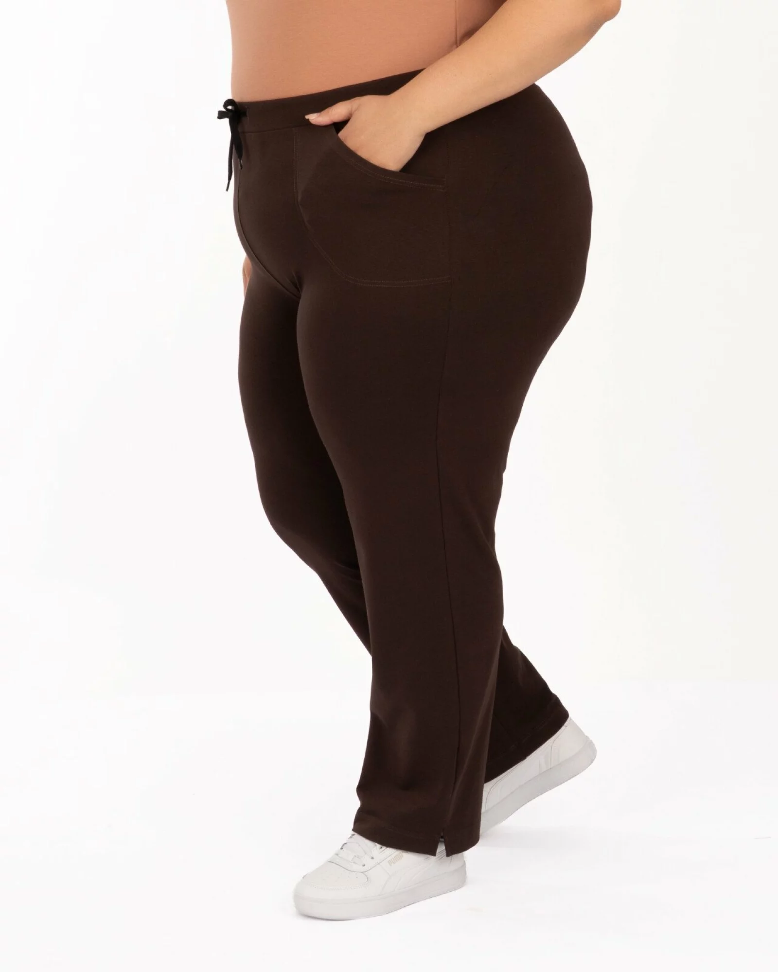 Pantaloni maro ciocolatiu 7/8 mărimi mari vară șliț lateral