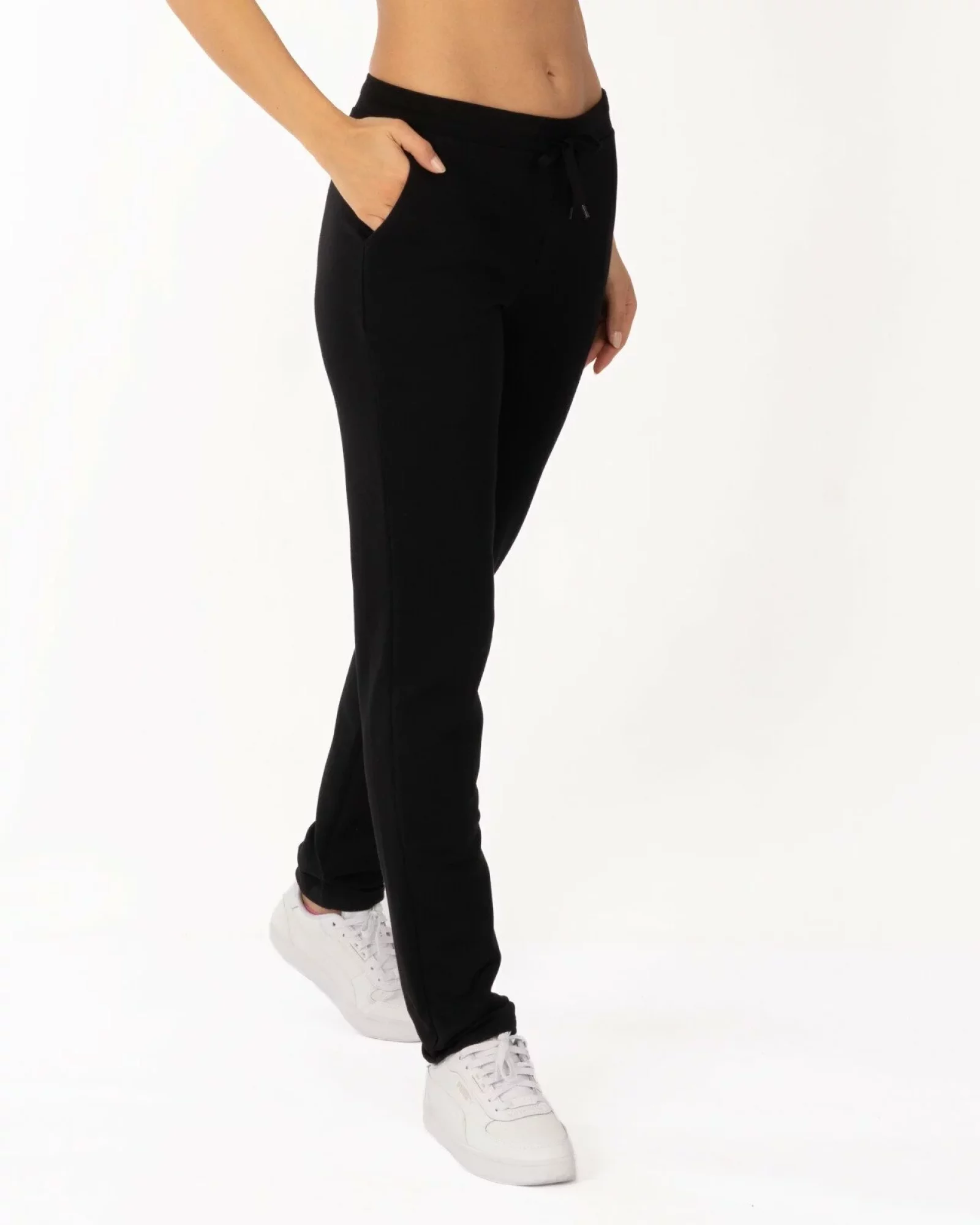 Pantaloni de trening negri conici, interior buclat, cu buzunare oblice