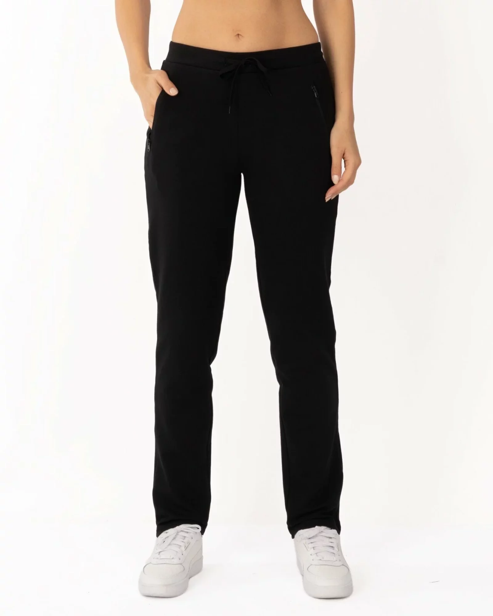Pantaloni de trening negri conici, interior buclat, cu buzunare cu fermoar