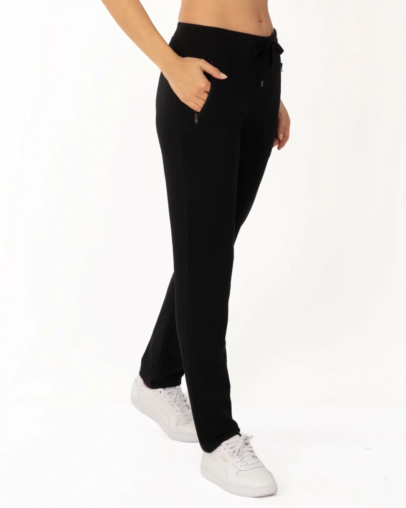 Pantaloni de trening negri conici, interior buclat, cu buzunare cu fermoar