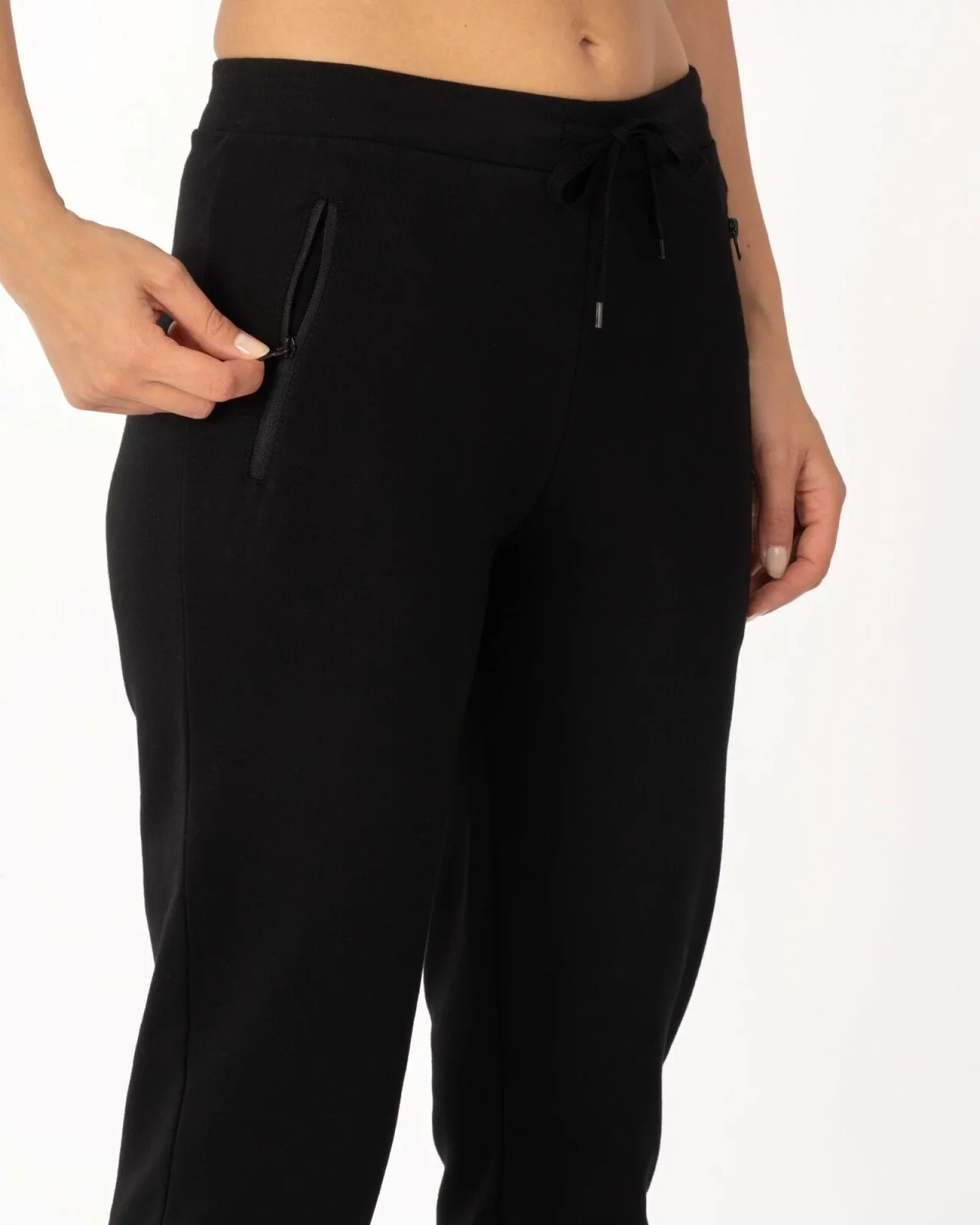 Pantaloni de trening negri conici, interior buclat, cu buzunare cu fermoar