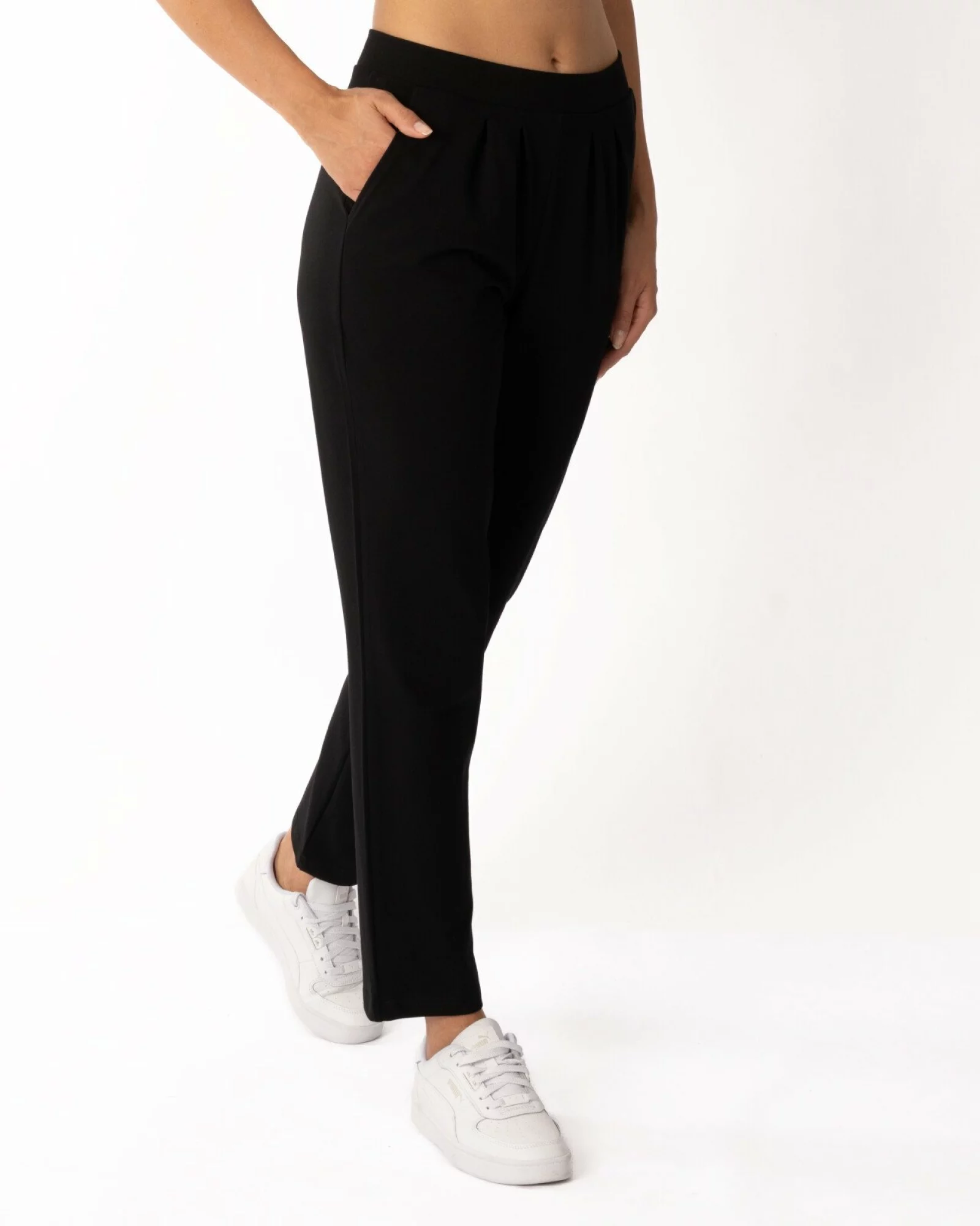 Pantaloni negri de vară croi conic pliuri frontale