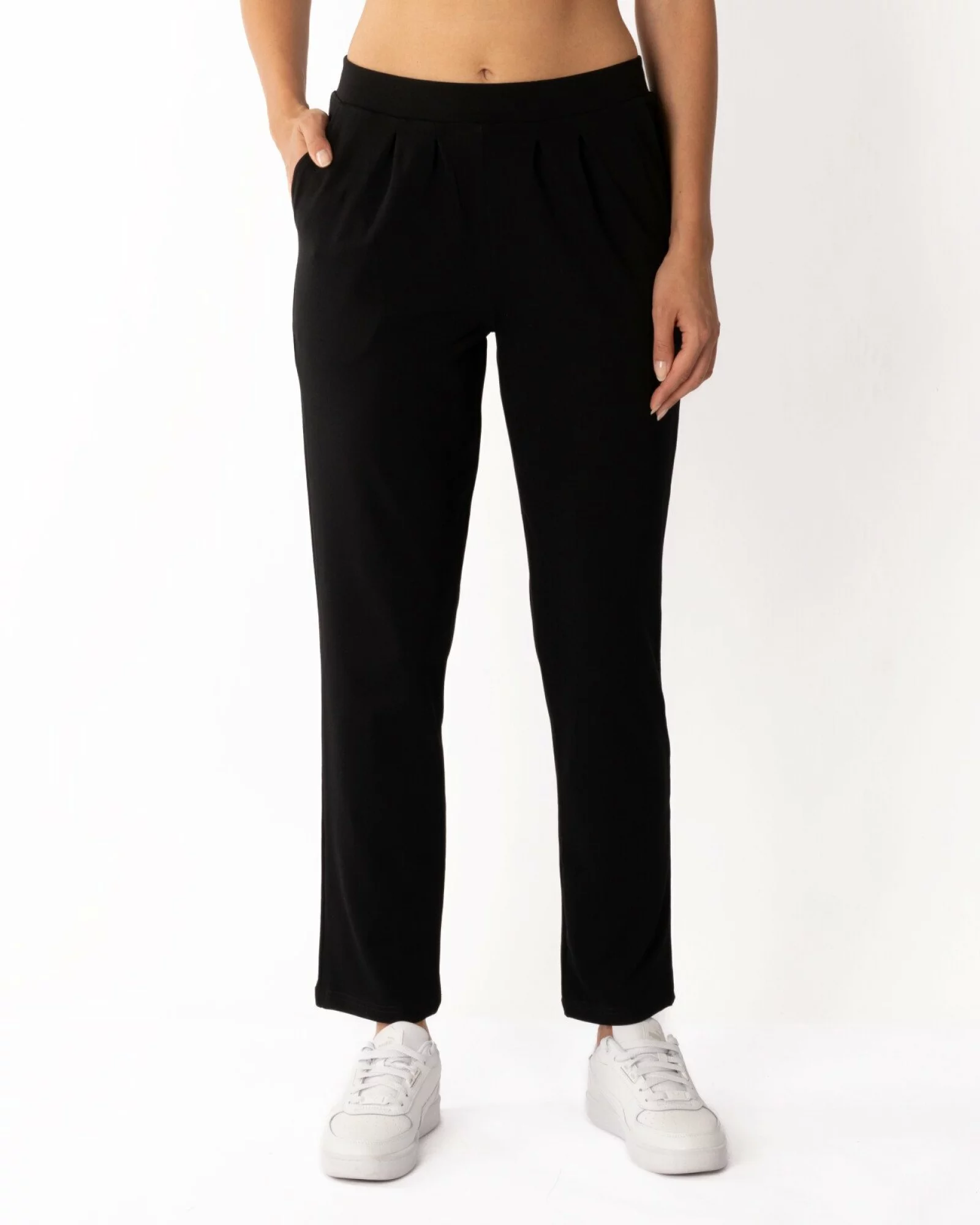 Pantaloni negri de vară croi conic pliuri frontale