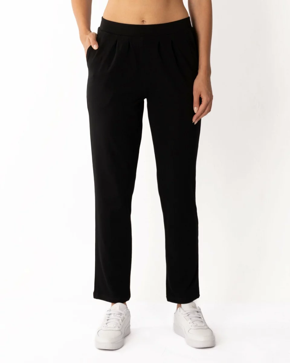 Pantaloni negri de vară croi conic pliuri frontale