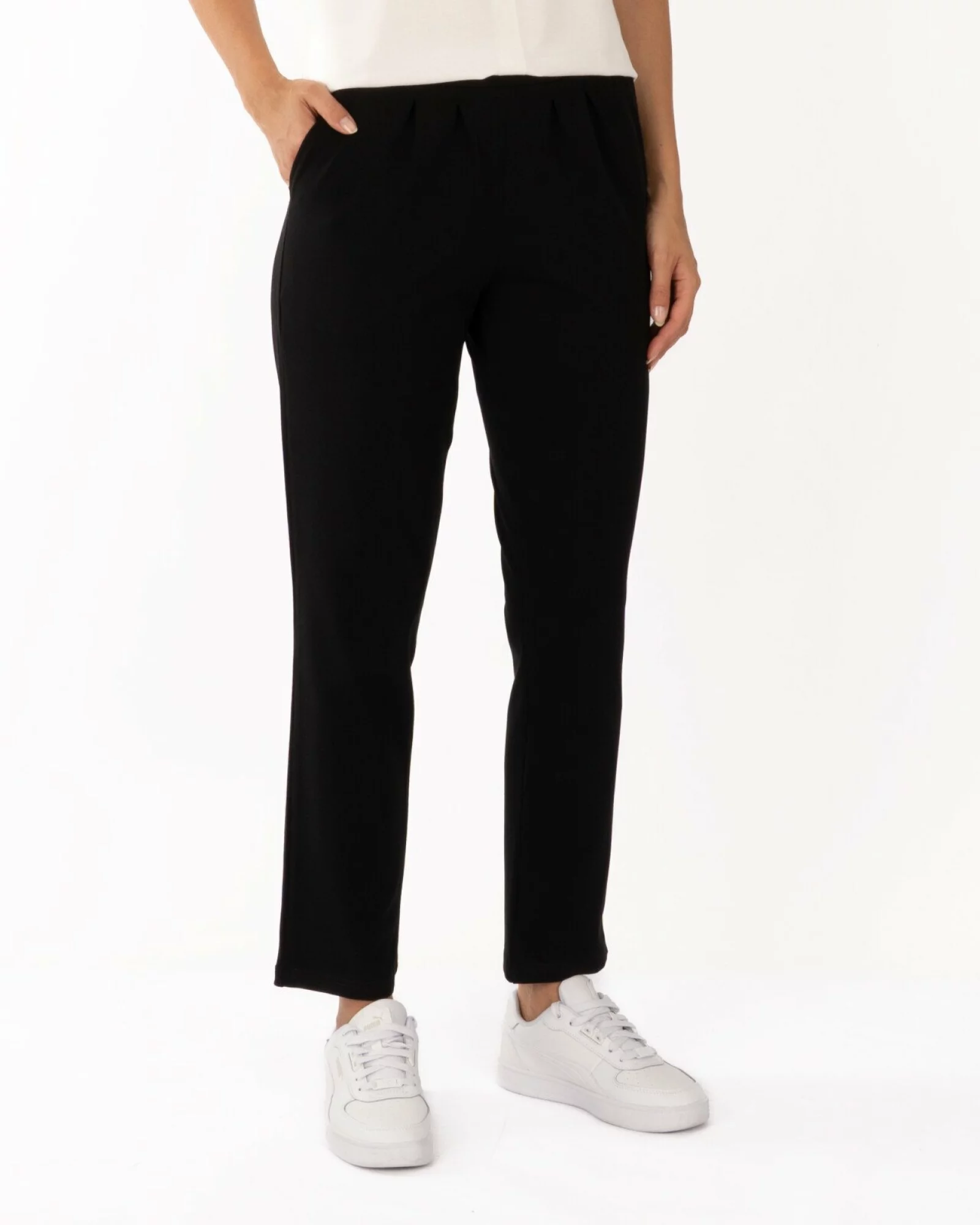 Pantaloni negri de vară croi conic pliuri frontale