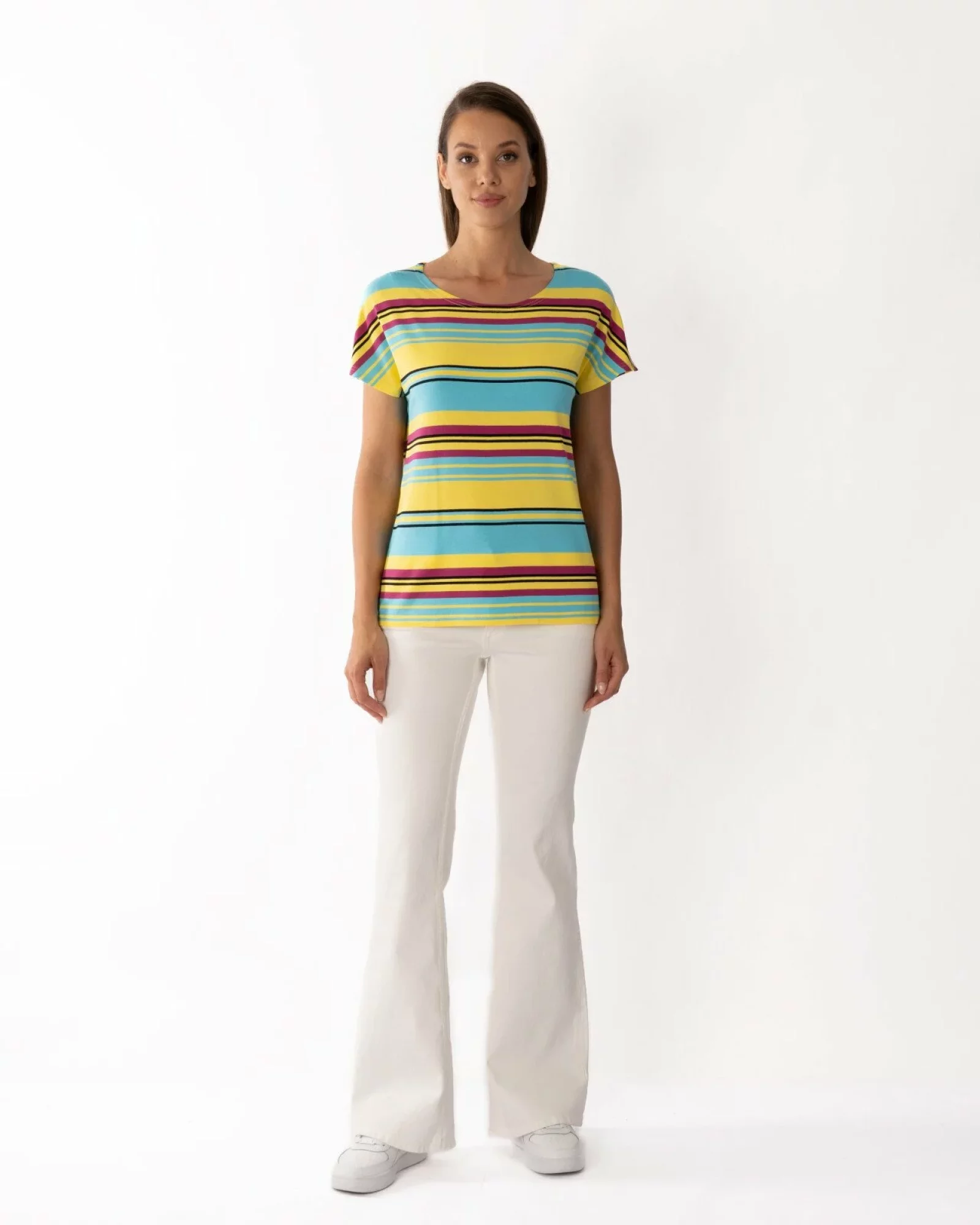 Tricou damă cu dungi multicolore galben, turcoaz din vâscoză cu elastan, croi lejer