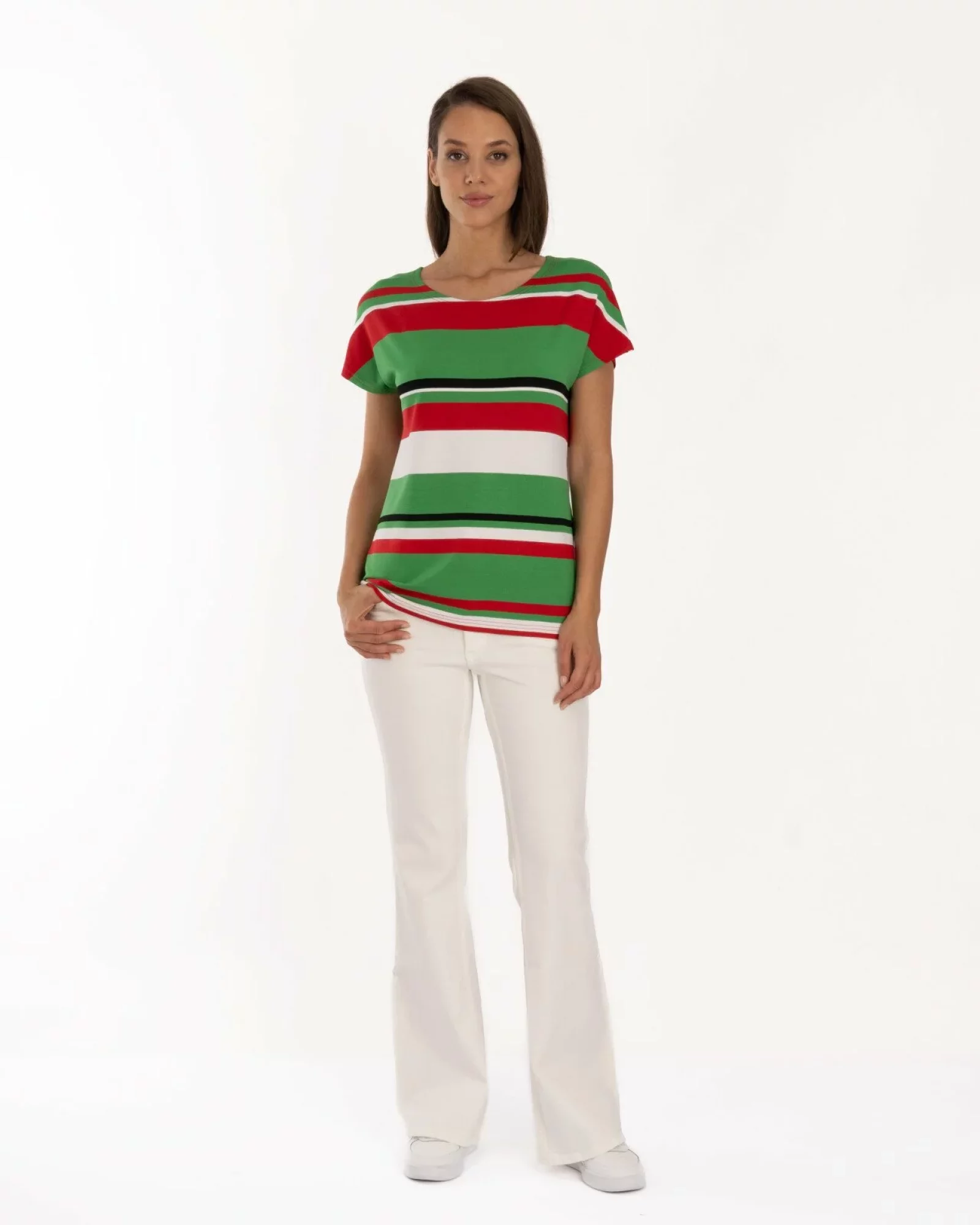 Tricou damă cu dungi multicolore roz, verde din vâscoză cu elastan, croi lejer