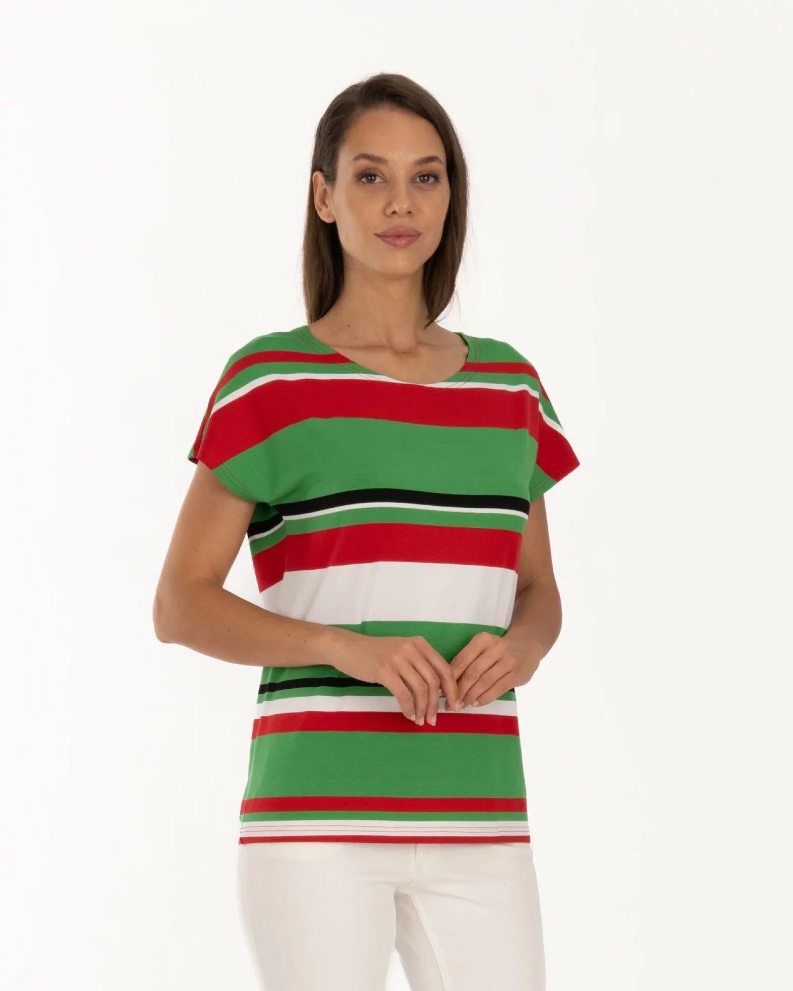 Tricou damă cu dungi multicolore roz, verde din vâscoză cu elastan, croi lejer