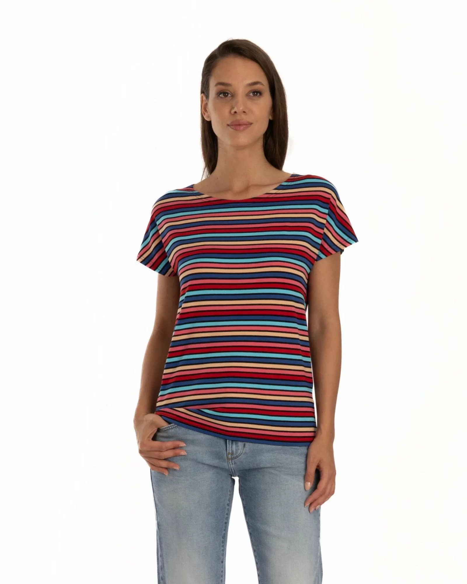 Tricou damă cu dungi multicolore în tonuri de petrol și roșu, din vâscoză cu elastan, croi lejer