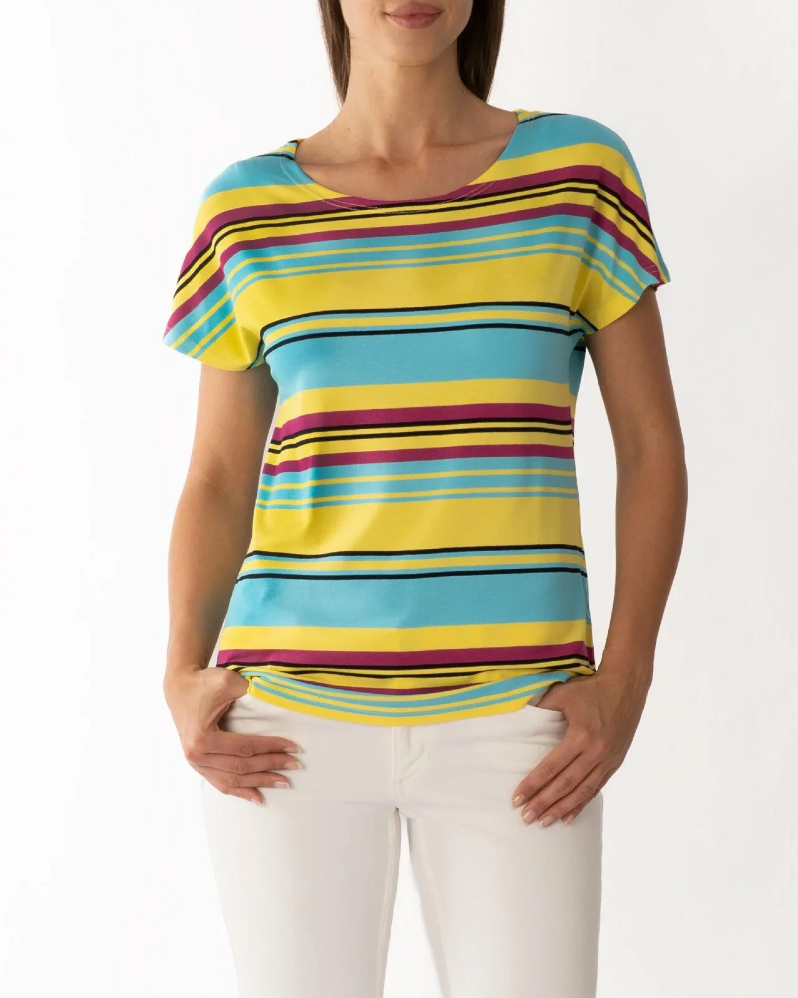Tricou damă cu dungi multicolore galben, turcoaz din vâscoză cu elastan, croi lejer