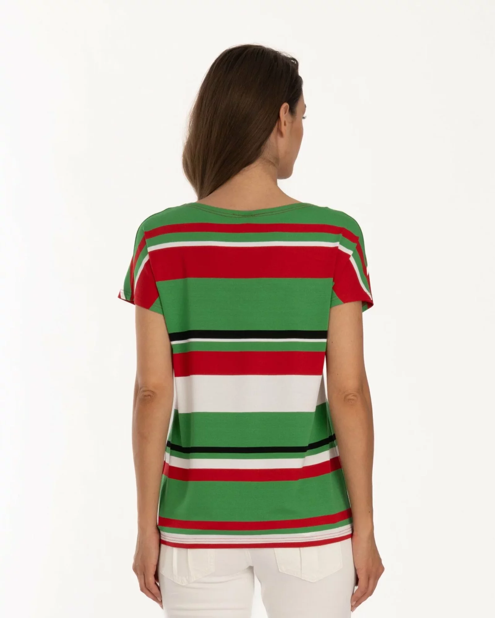 Tricou damă cu dungi multicolore roz, verde din vâscoză cu elastan, croi lejer