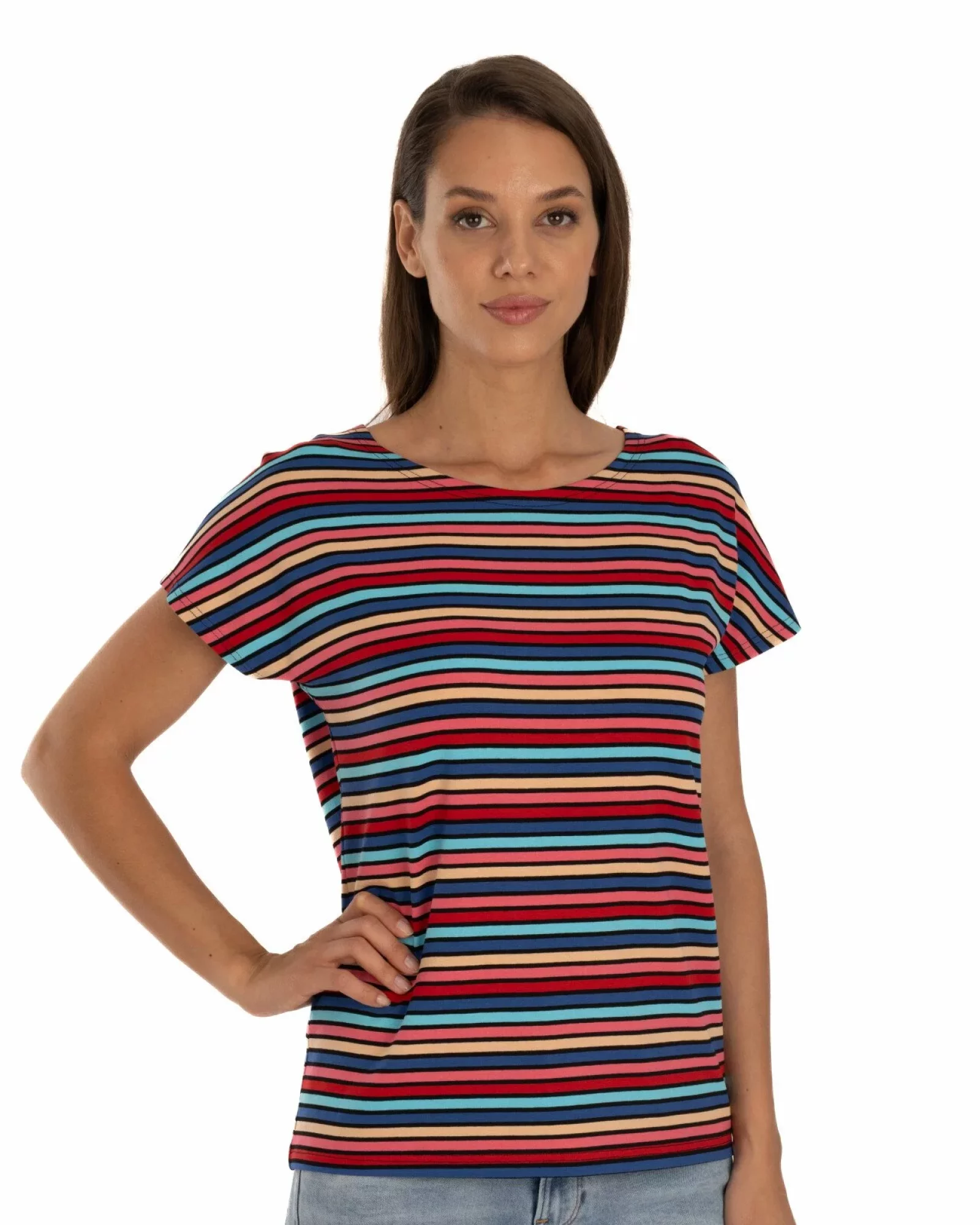 Tricou damă cu dungi multicolore în tonuri de petrol și roșu, din vâscoză cu elastan, croi lejer