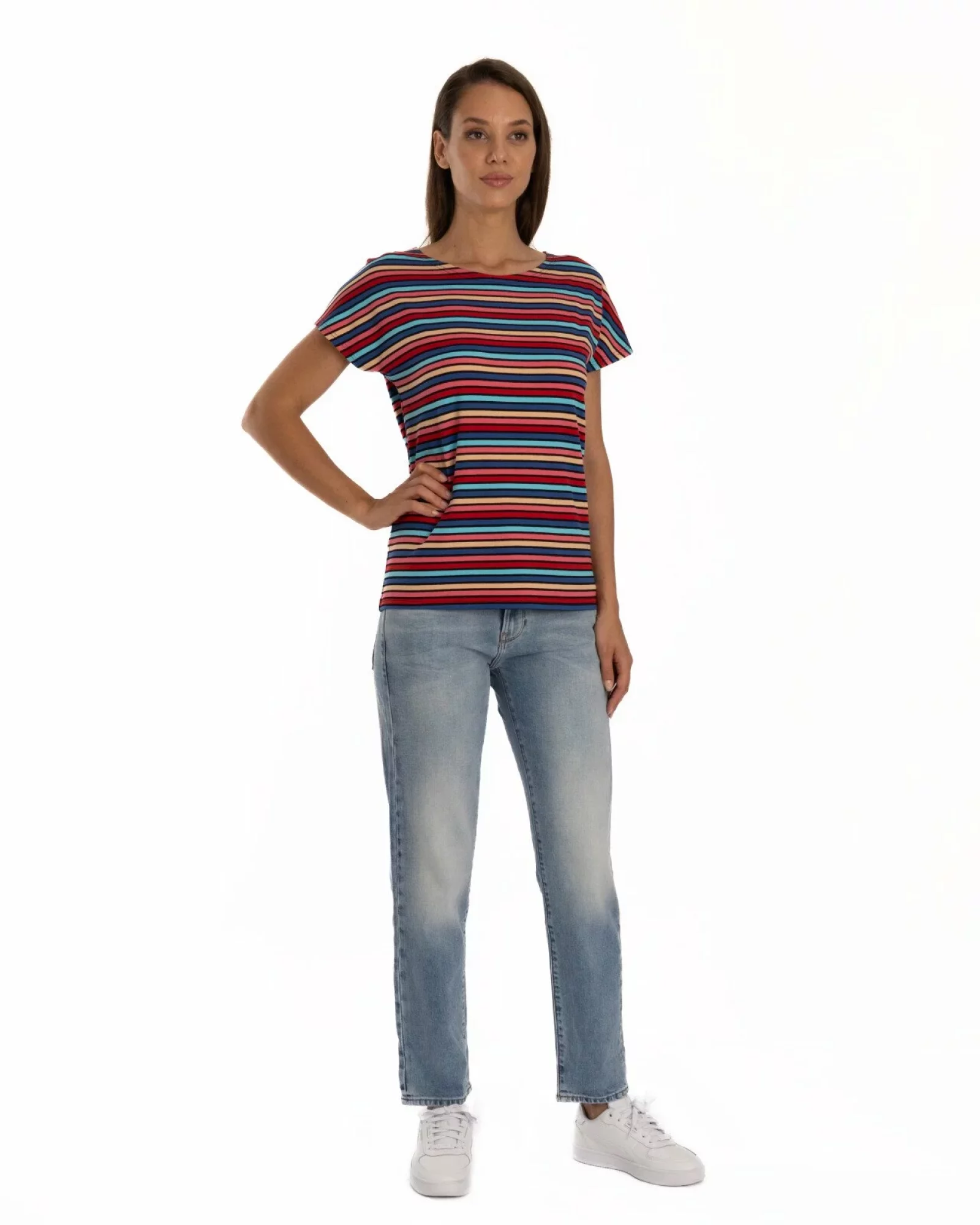 Tricou damă cu dungi multicolore în tonuri de petrol și roșu, din vâscoză cu elastan, croi lejer