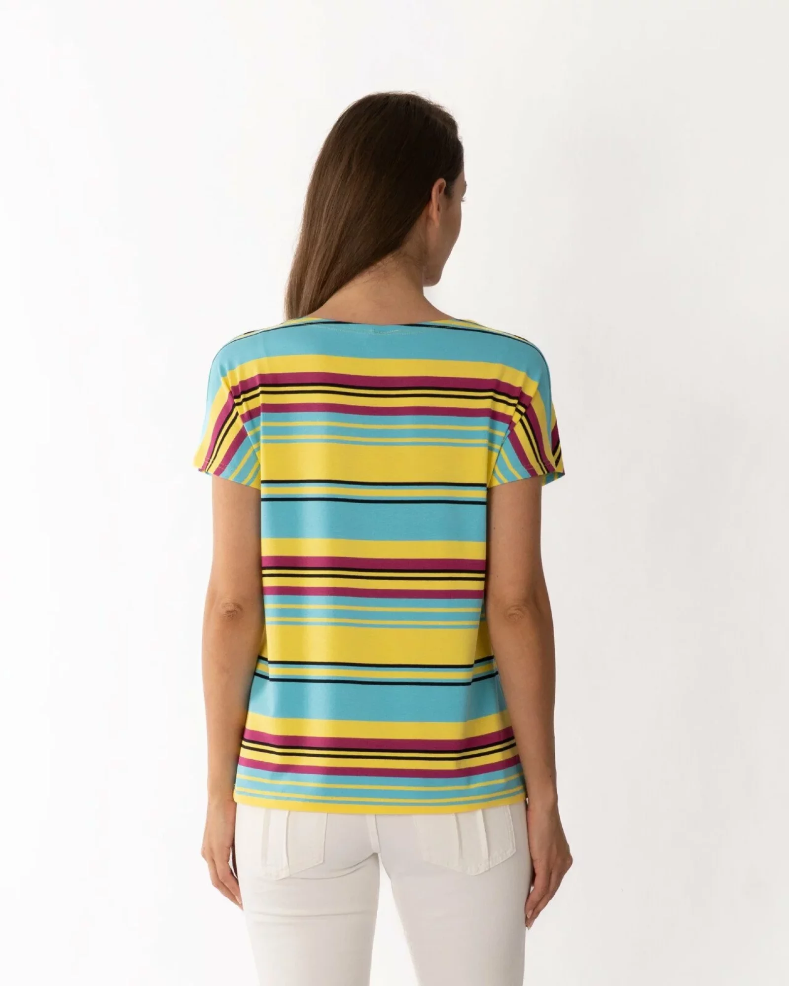 Tricou damă cu dungi multicolore galben, turcoaz din vâscoză cu elastan, croi lejer