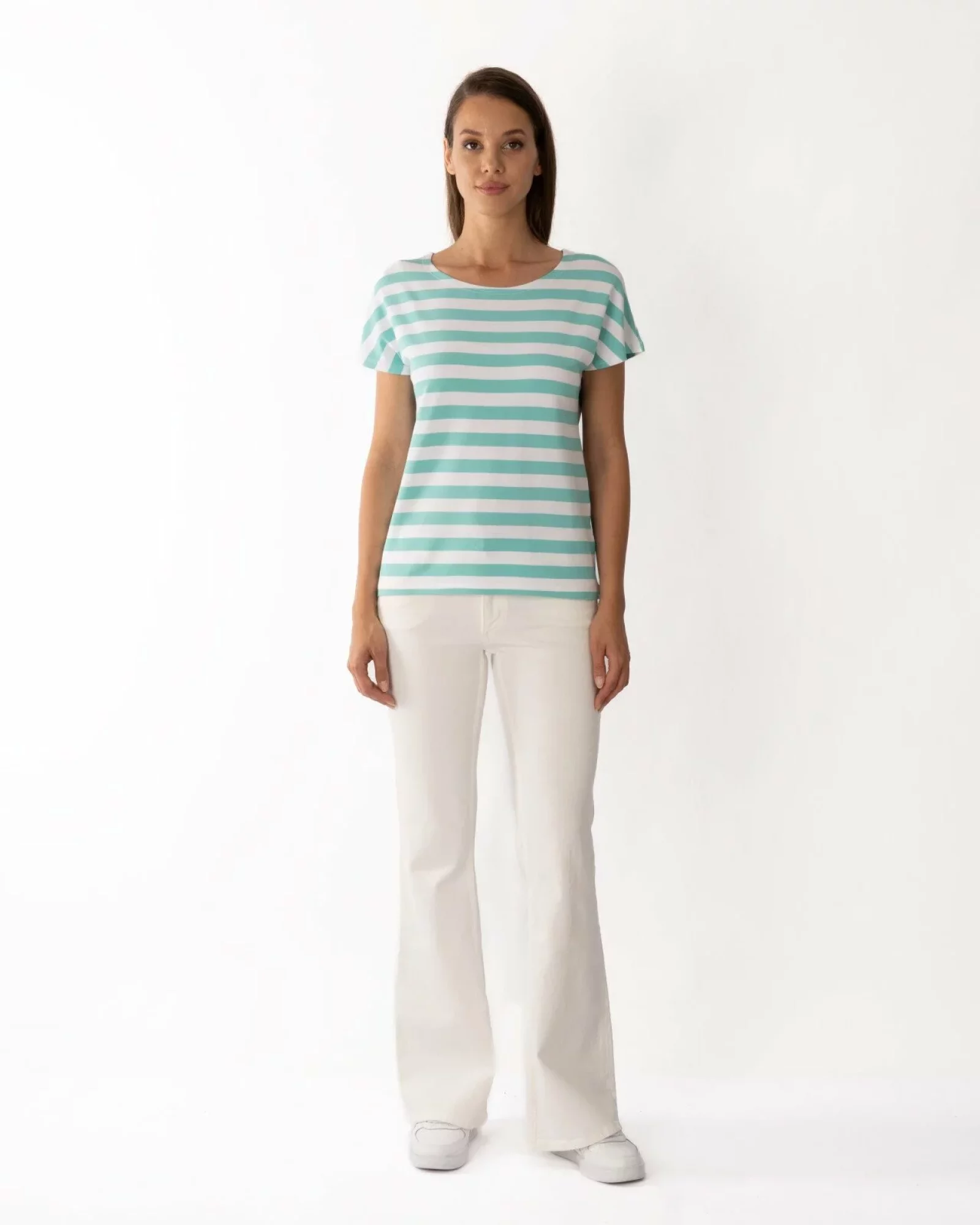 Tricou damă cu dungi turcoaz-galben pai din vâscoză cu elastan, croi lejer