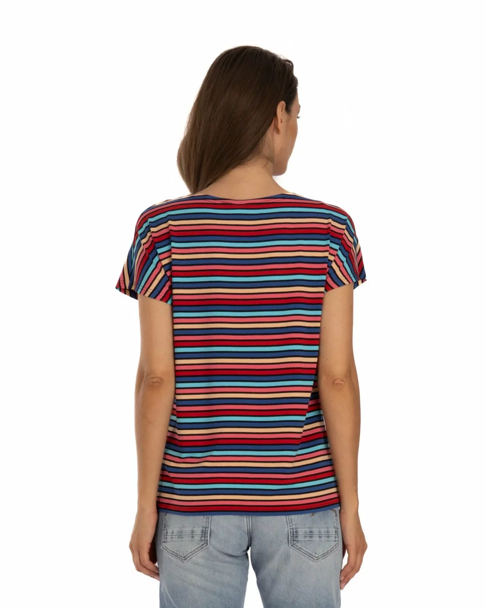 Tricou damă cu dungi multicolore în tonuri de petrol și roșu, din vâscoză cu elastan, croi lejer