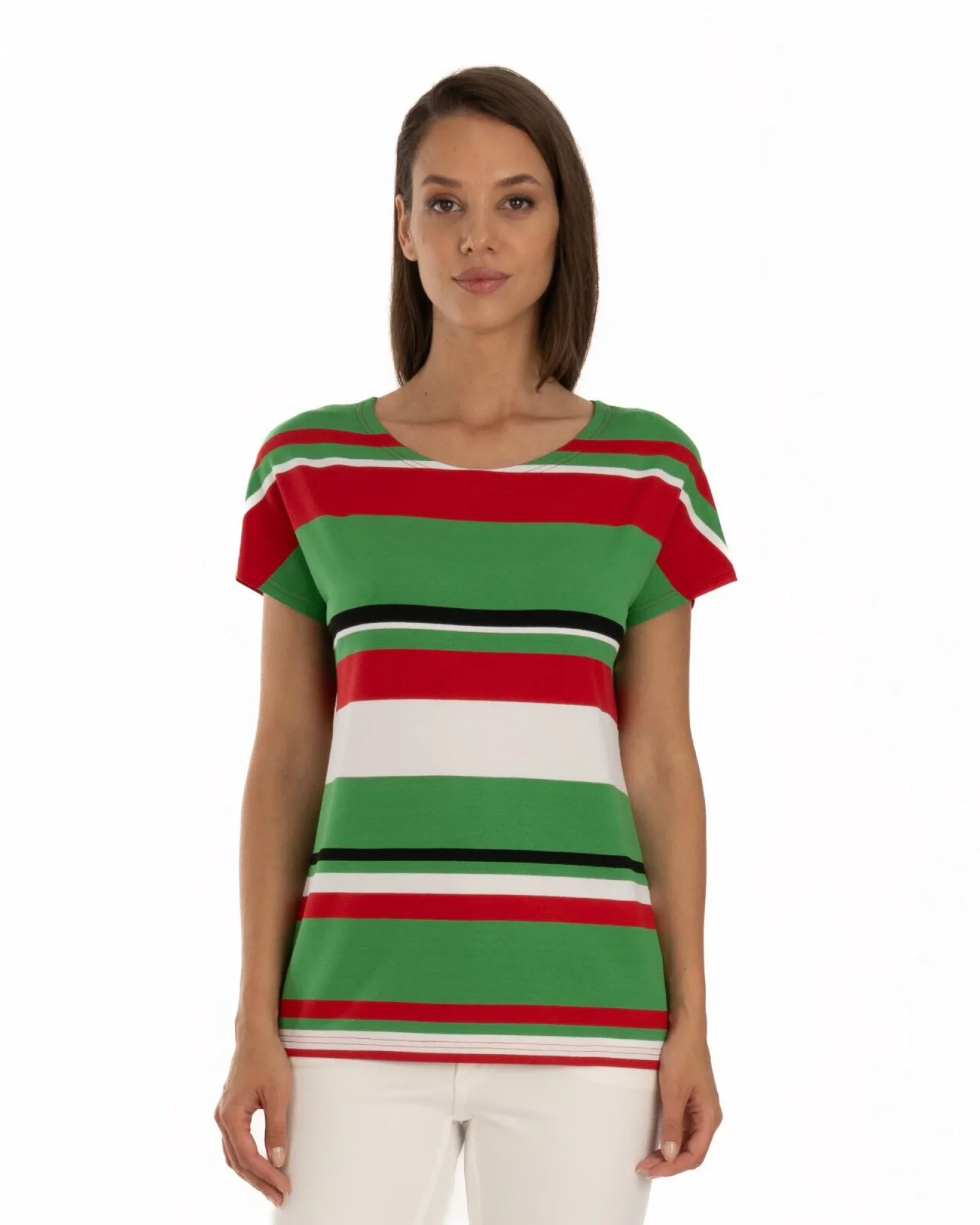 Tricou damă cu dungi multicolore roz, verde din vâscoză cu elastan, croi lejer