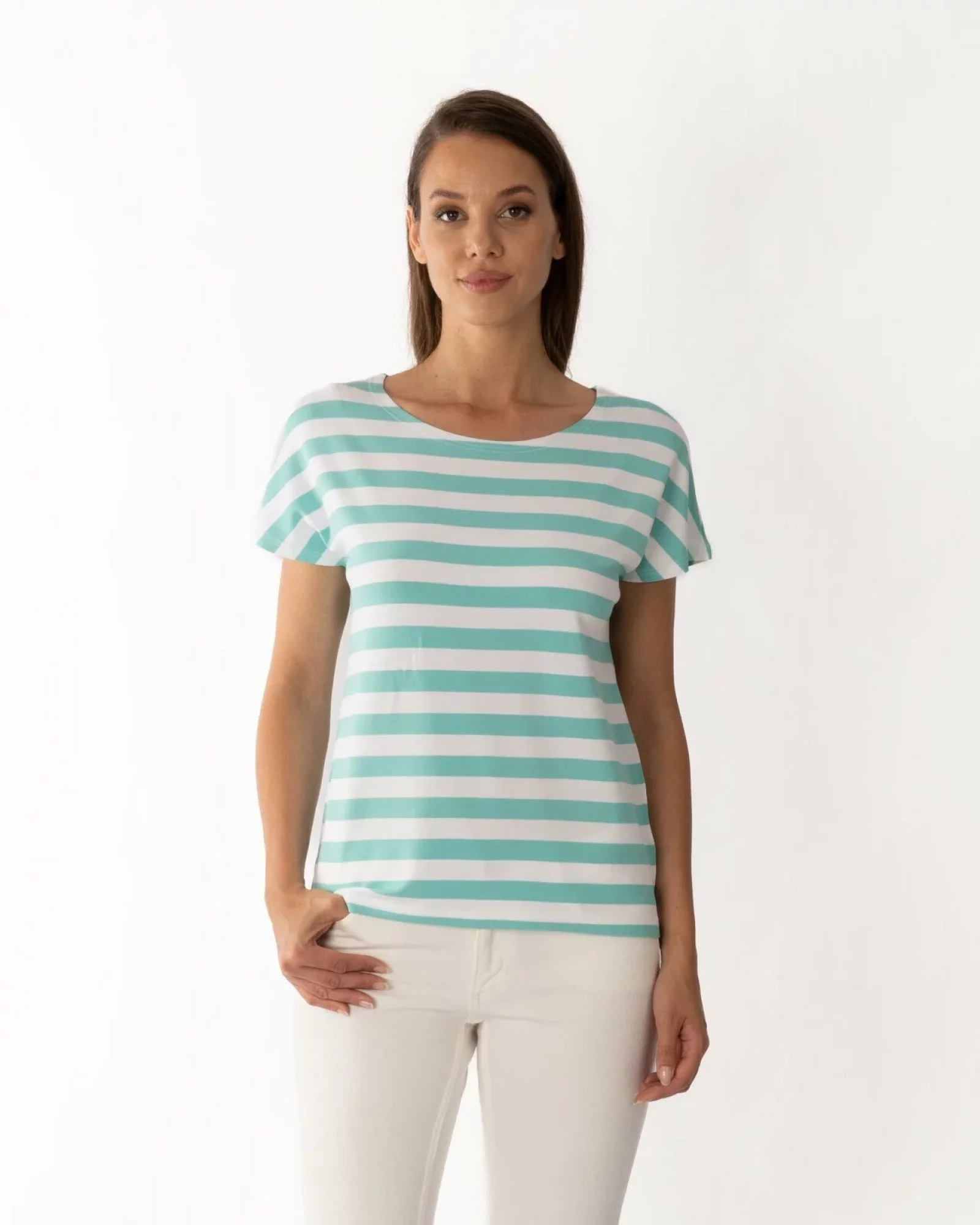 Tricou damă cu dungi turcoaz-galben pai din vâscoză cu elastan, croi lejer