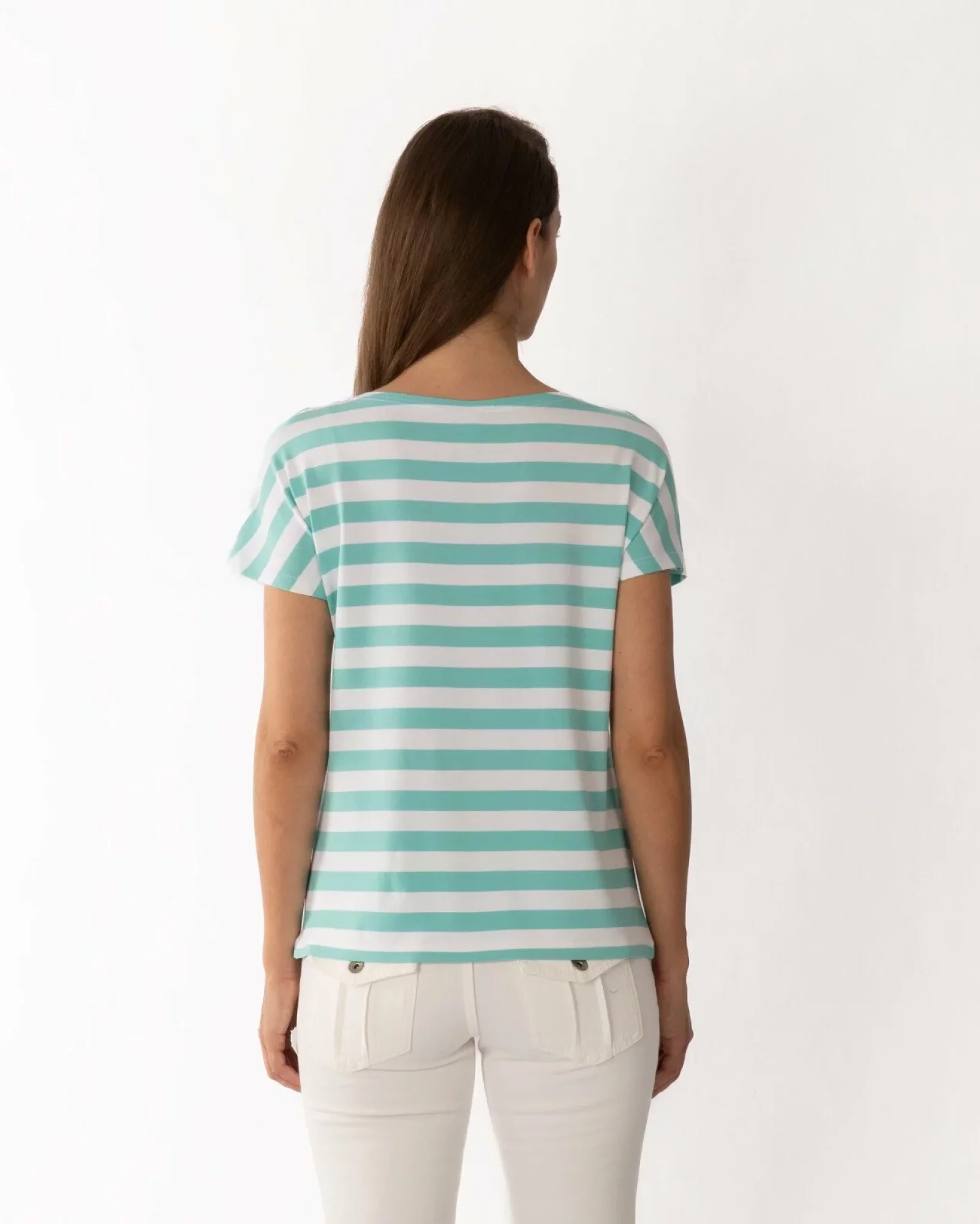 Tricou damă cu dungi turcoaz-galben pai din vâscoză cu elastan, croi lejer