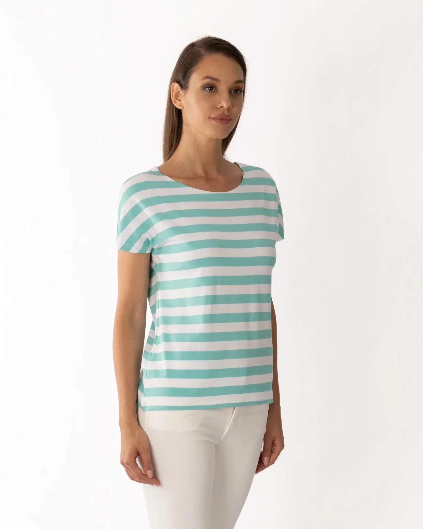 Tricou damă cu dungi turcoaz-galben pai din vâscoză cu elastan, croi lejer