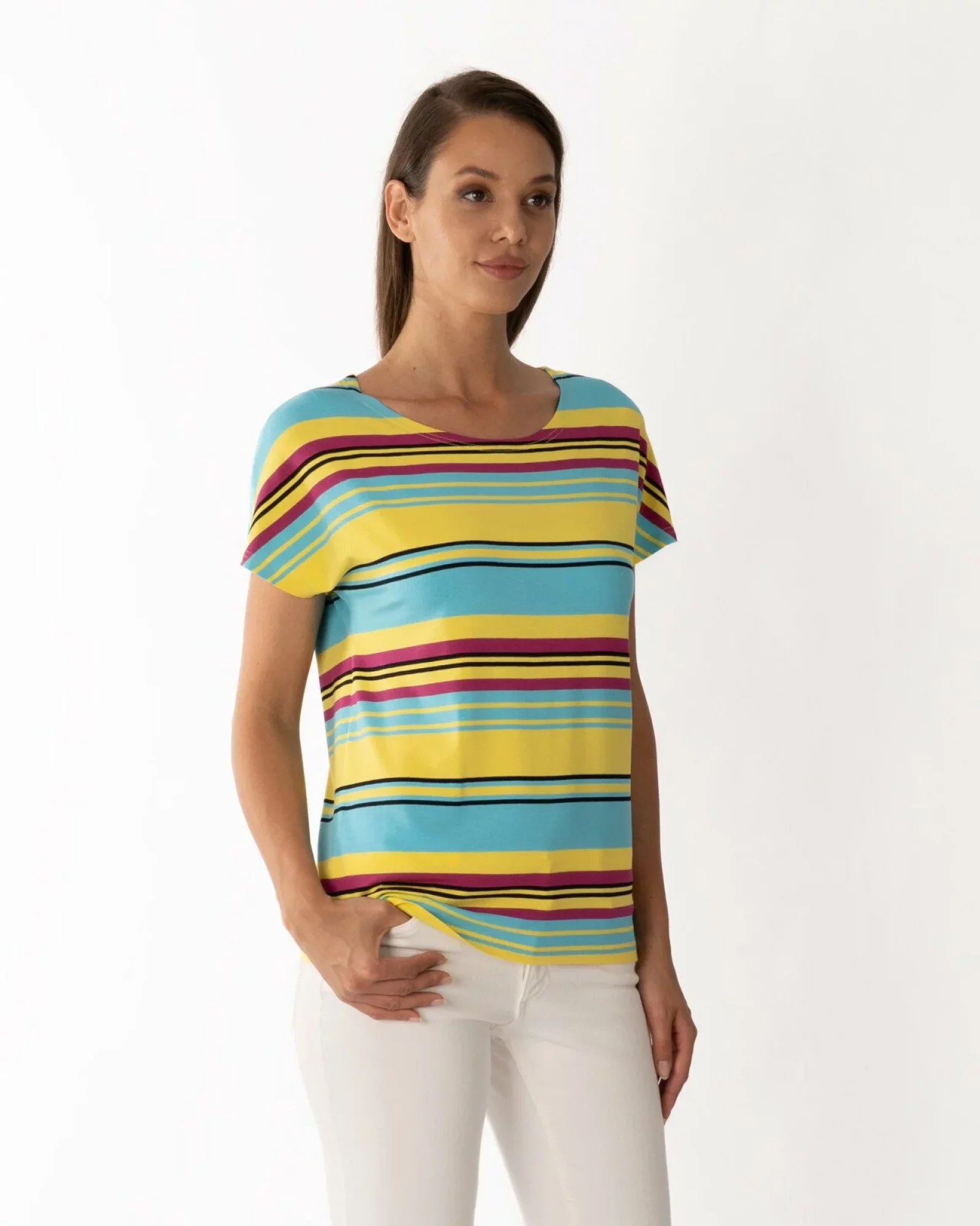Tricou damă cu dungi multicolore galben, turcoaz din vâscoză cu elastan, croi lejer