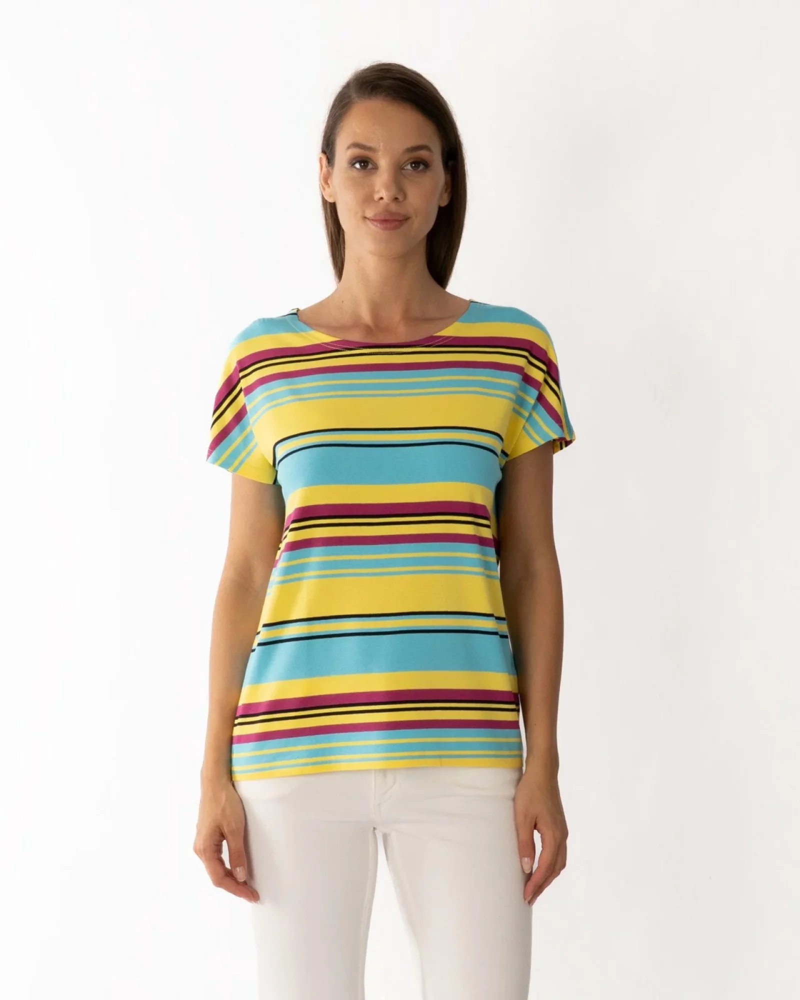 Tricou damă cu dungi multicolore galben, turcoaz din vâscoză cu elastan, croi lejer